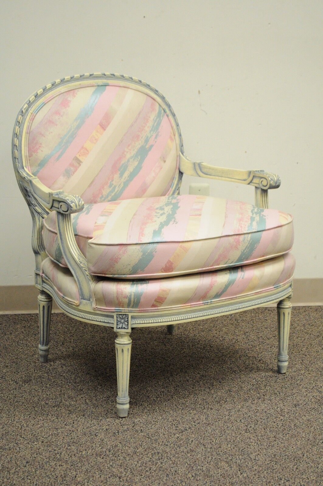 Vtg French Louis XVI Style Pink Blue Carved Bergere Boudoir Lounge Arm Chair