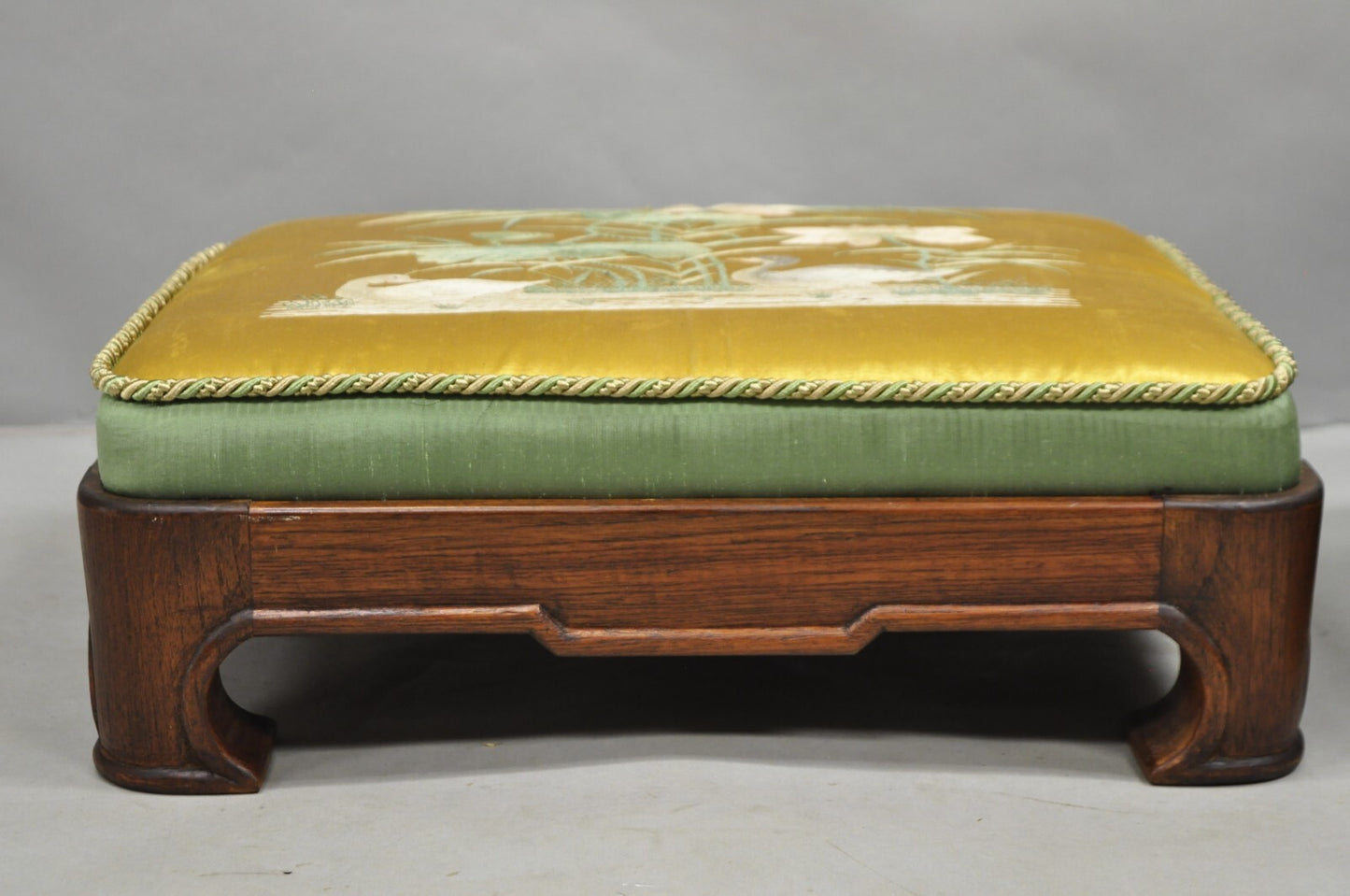 Vintage Chinoiserie Chinese Ming Style Low Footstool Ottoman w/ Silk - Pair