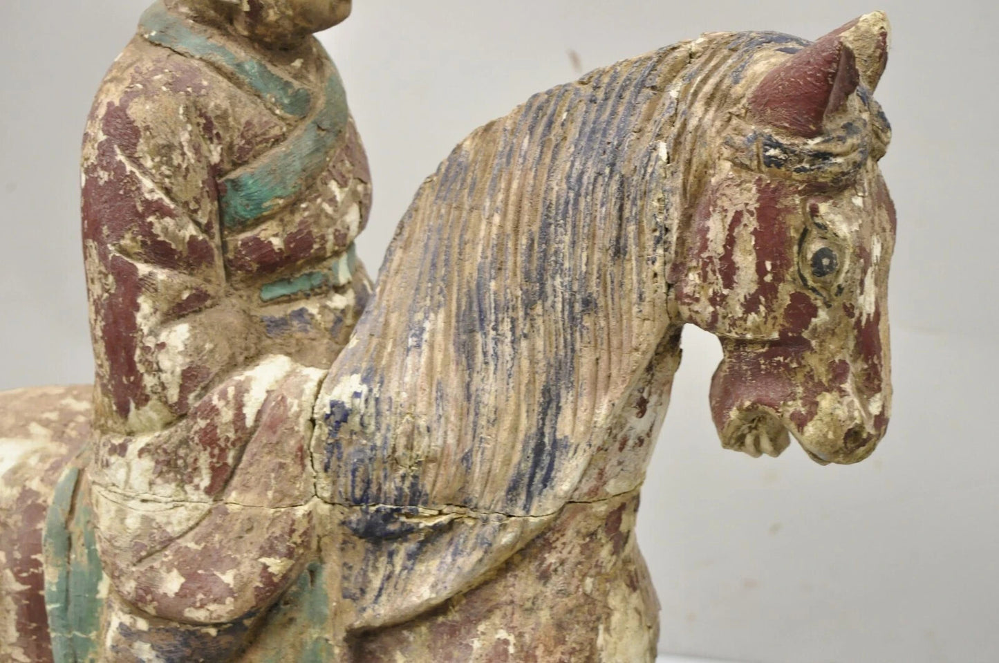Chinese Polychrome Carved Wood Tang Horse and Rider Statue Sculpture