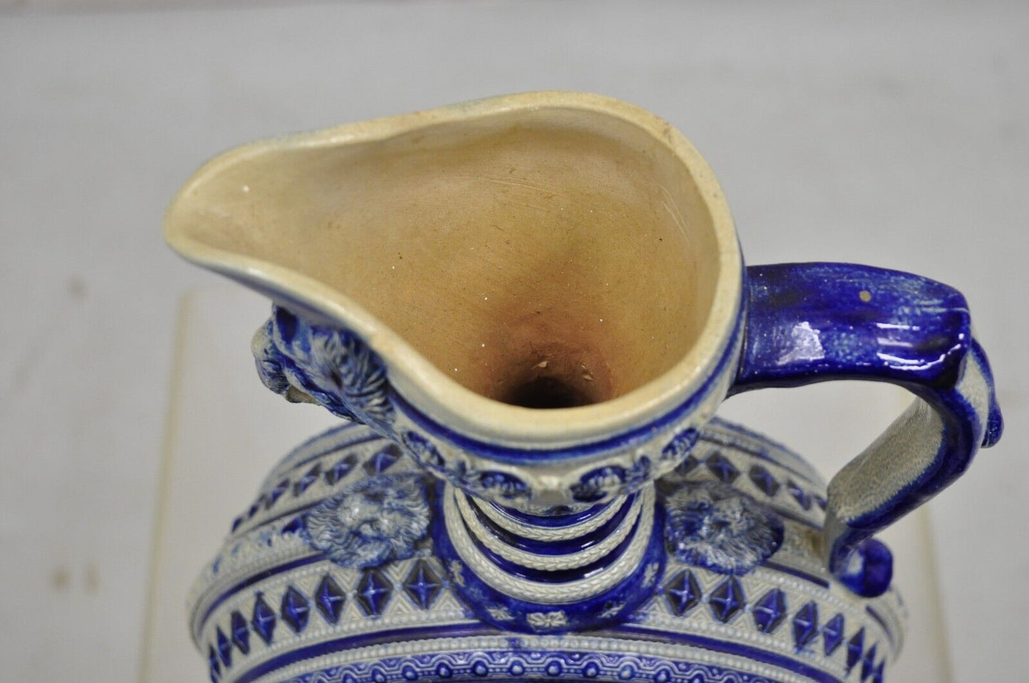 Antique Westerwald German Cobalt Blue Figural Stoneware Pottery Jug Pitcher