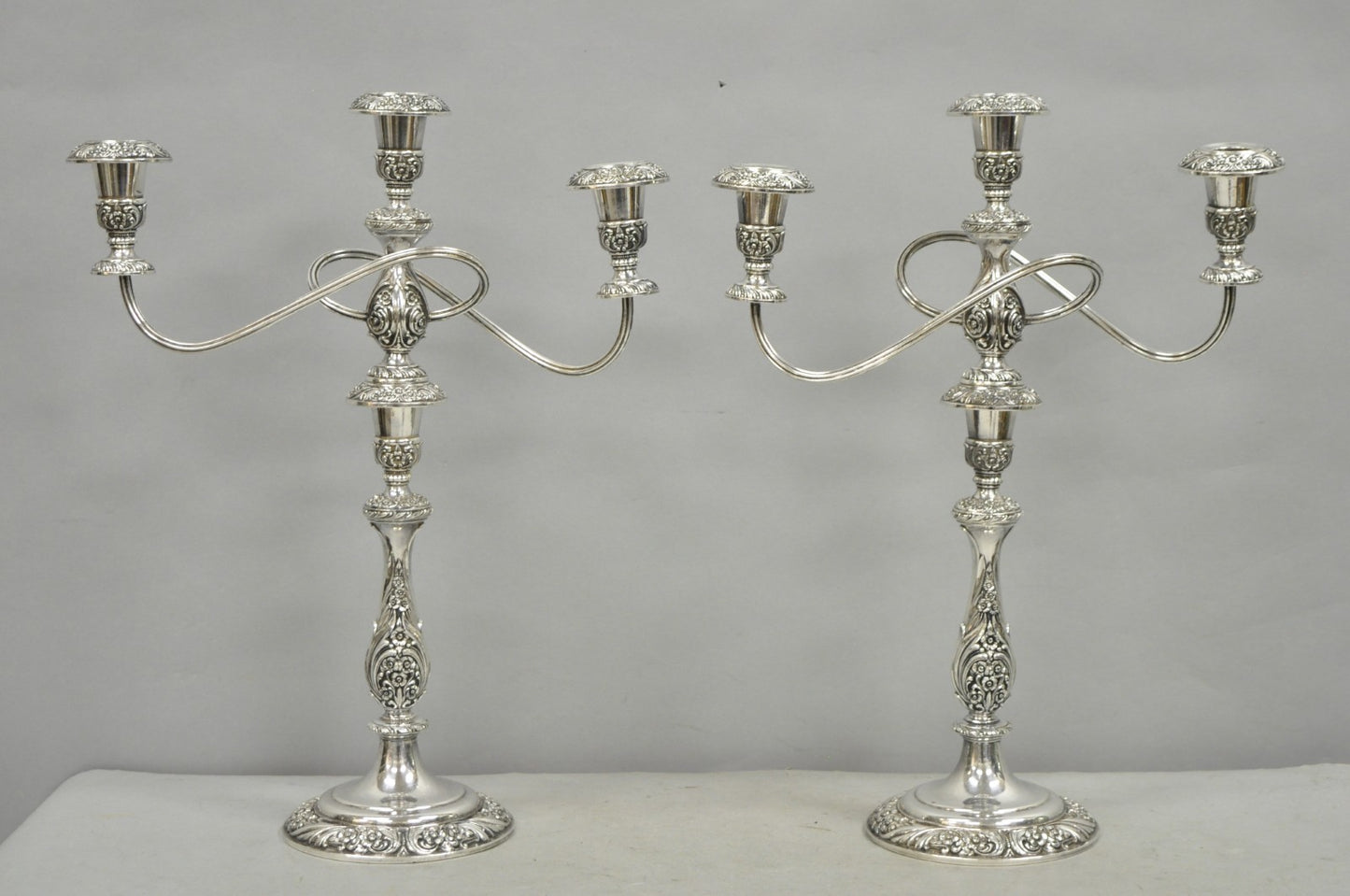 Heritage 1847 Rogers Bros 9416 Silver Plated 3 Arm Ornate Candelabra - a Pair