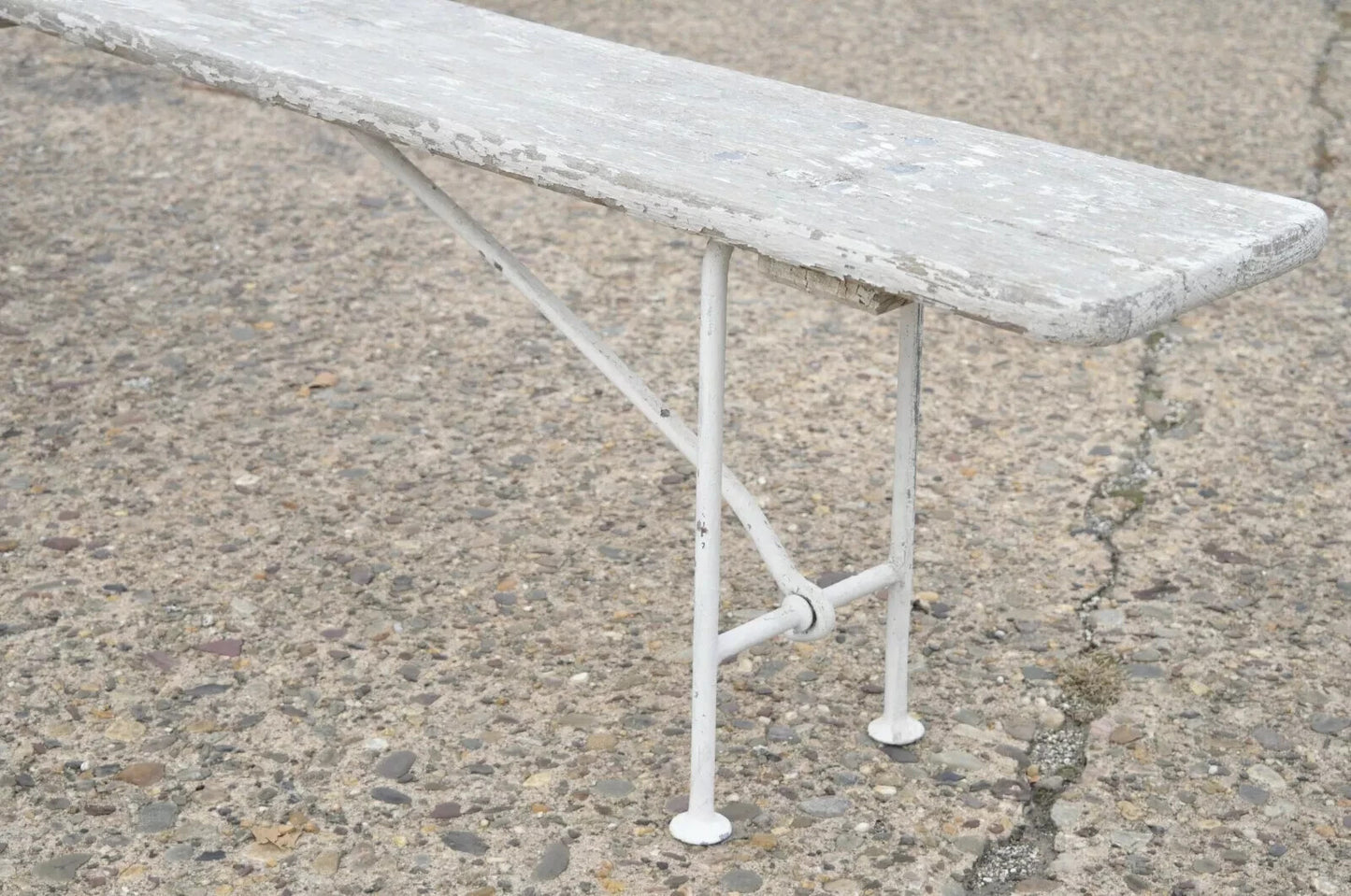 Antique French Industrial 94" Long White Distress Paint Wrought Iron Wood Bench