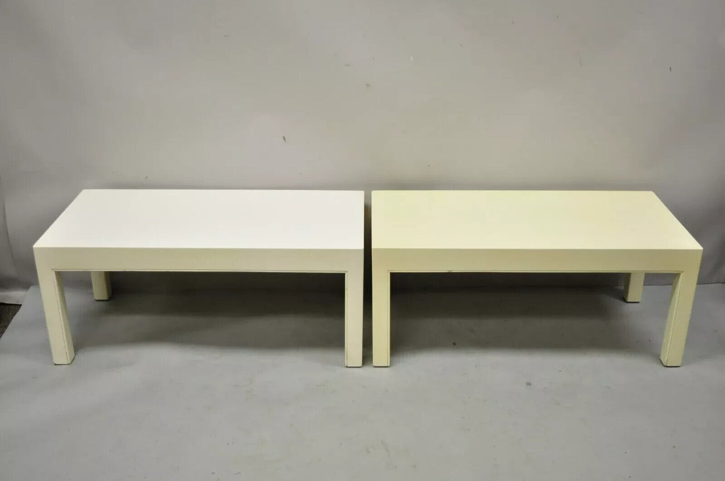 Vintage Modern Solid Wood Cream Lacquered Parsons Low Pedestal Side Table - Pair