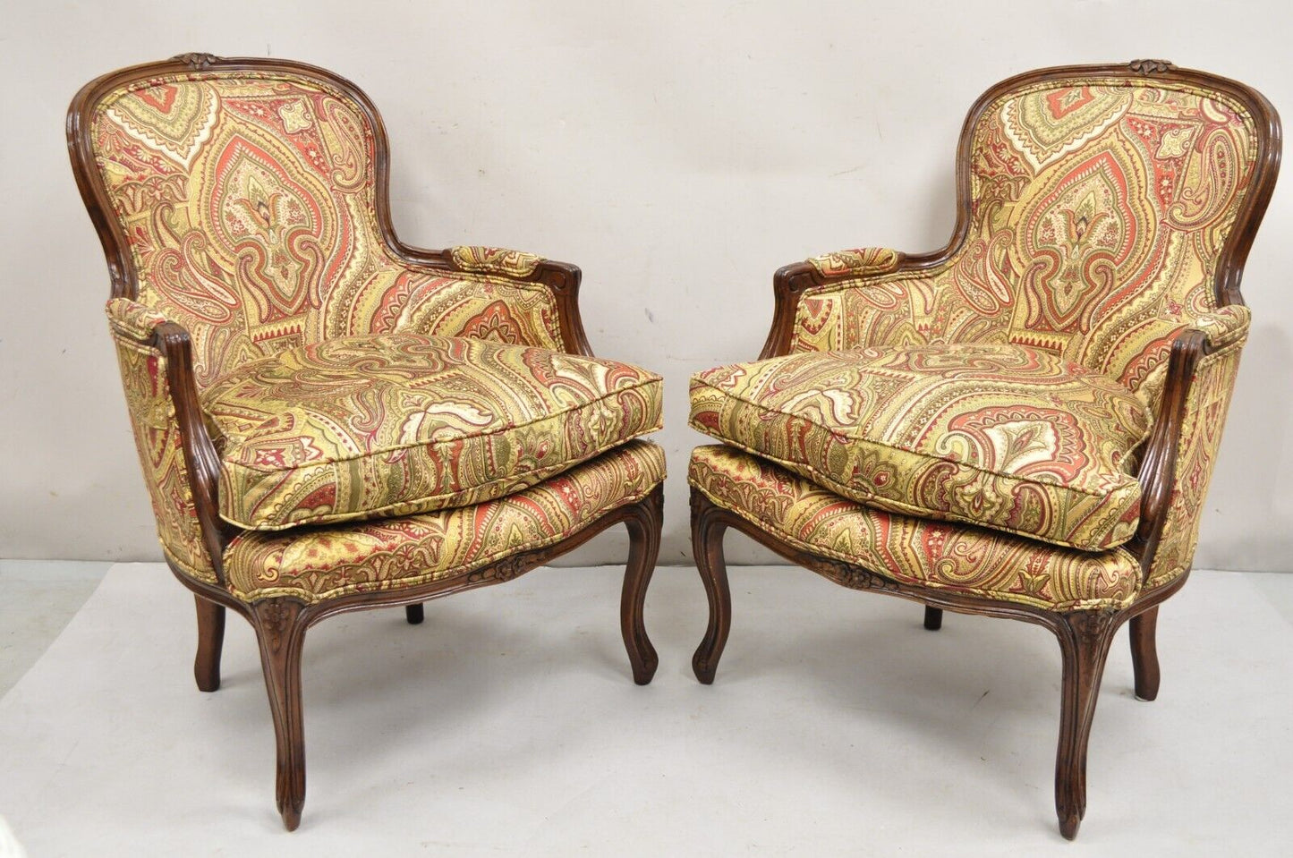 Vintage French Country Carved Walnut Burgundy Bergere Lounge Arm Chairs -a Pair