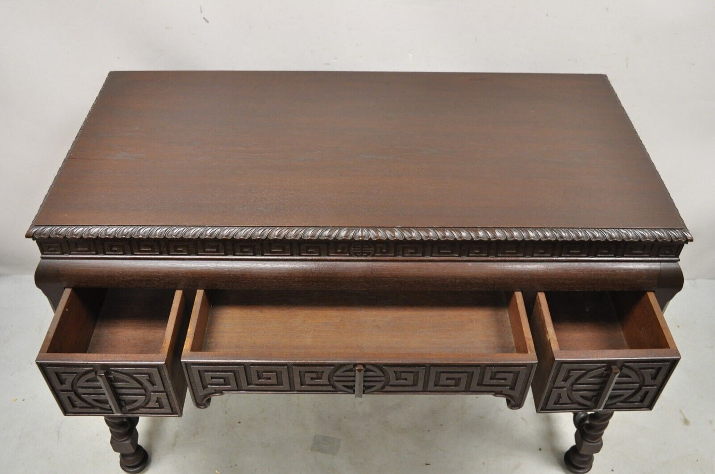 Antique Jacobean William and Mary Greek Key Carved Mahogany 3 Drawer Desk