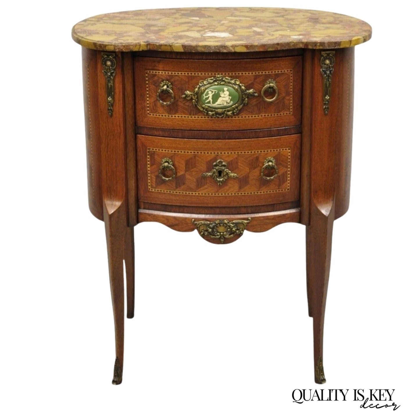 Antique French Louis XV Style Marble Top Bombe Commode Nightstand Side Table