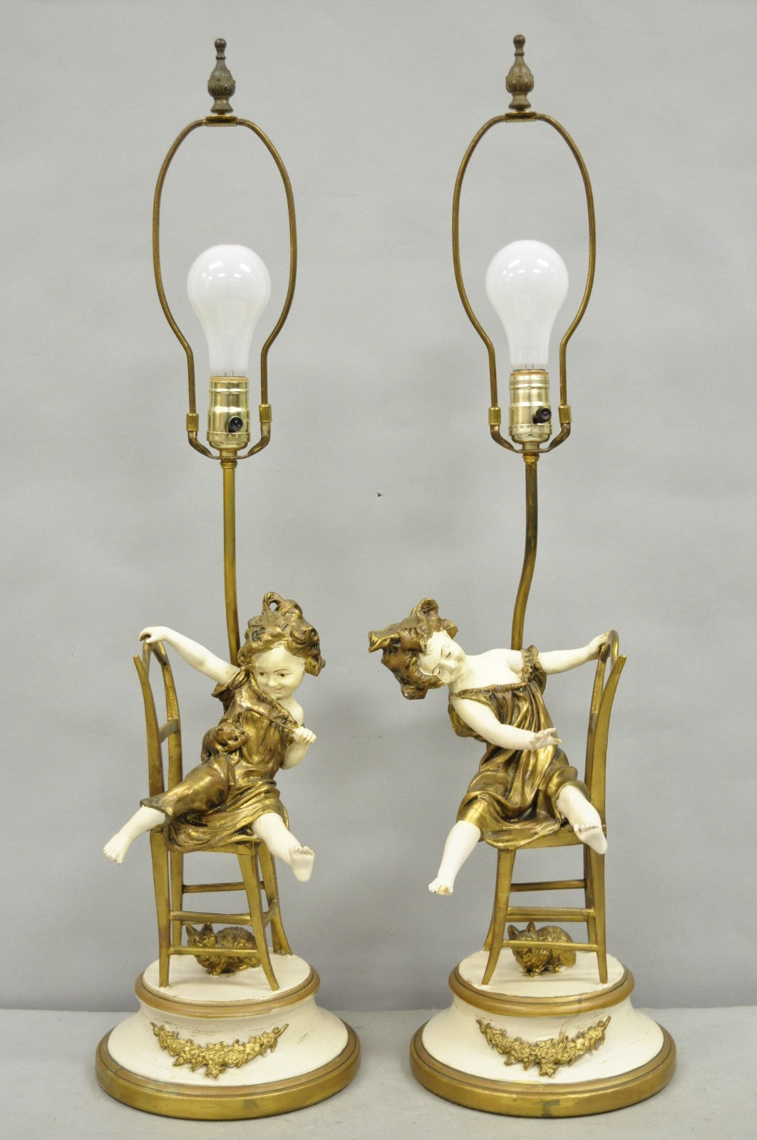 Juan Clara "Girl on Chair Playing with Kittens" Metal Figural Table Lamps - Pair