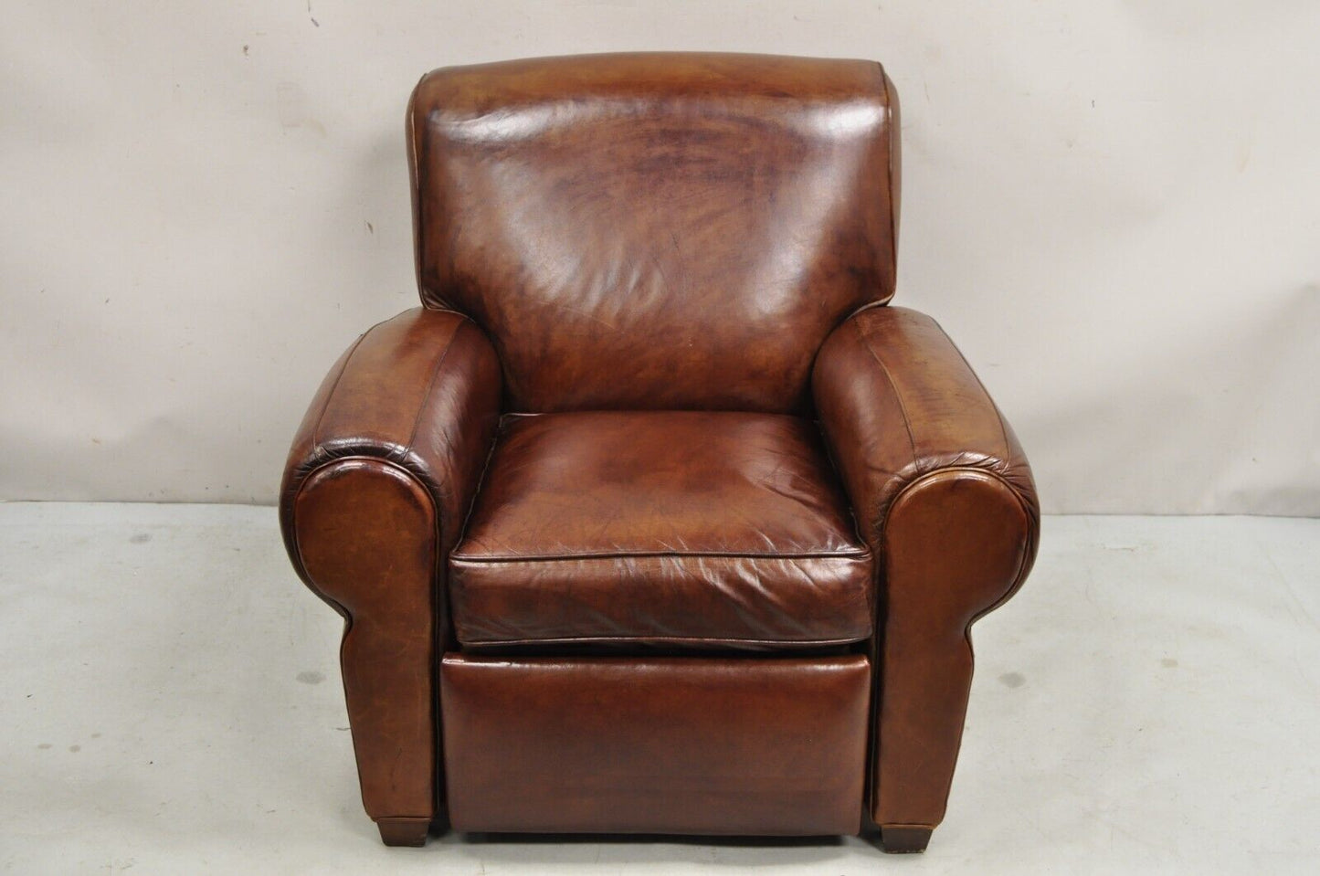 Pottery Barn Manhattan Brown Leather Recliner Art Deco Club Chairs - a Pair