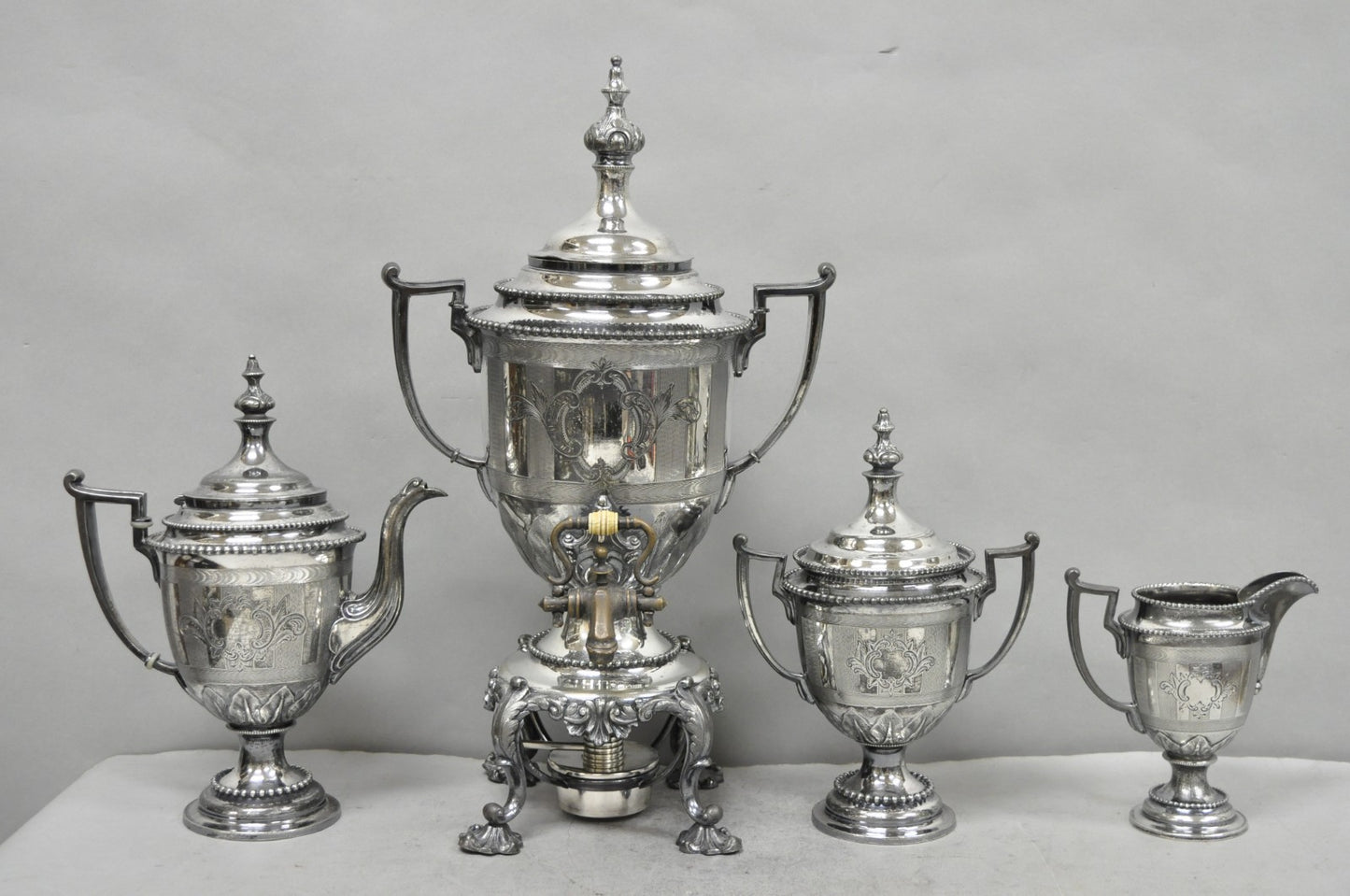 Antique Reed & Barton 1929 English Regency Silver Plated Samovar Tea Set 4 Pcs