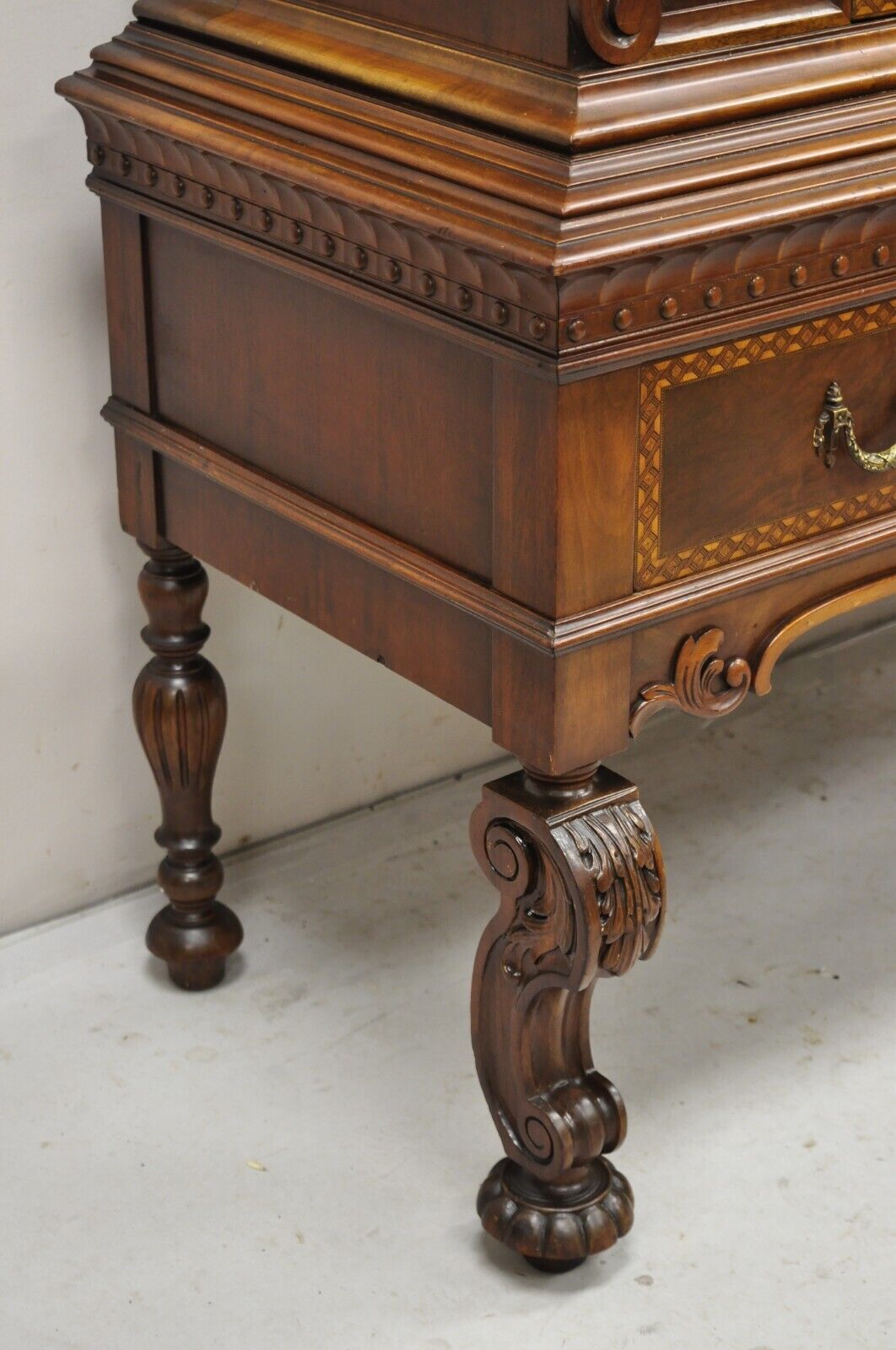 Antique French Renaissance Carved Walnut Floral Inlay Blind Door China Cabinet