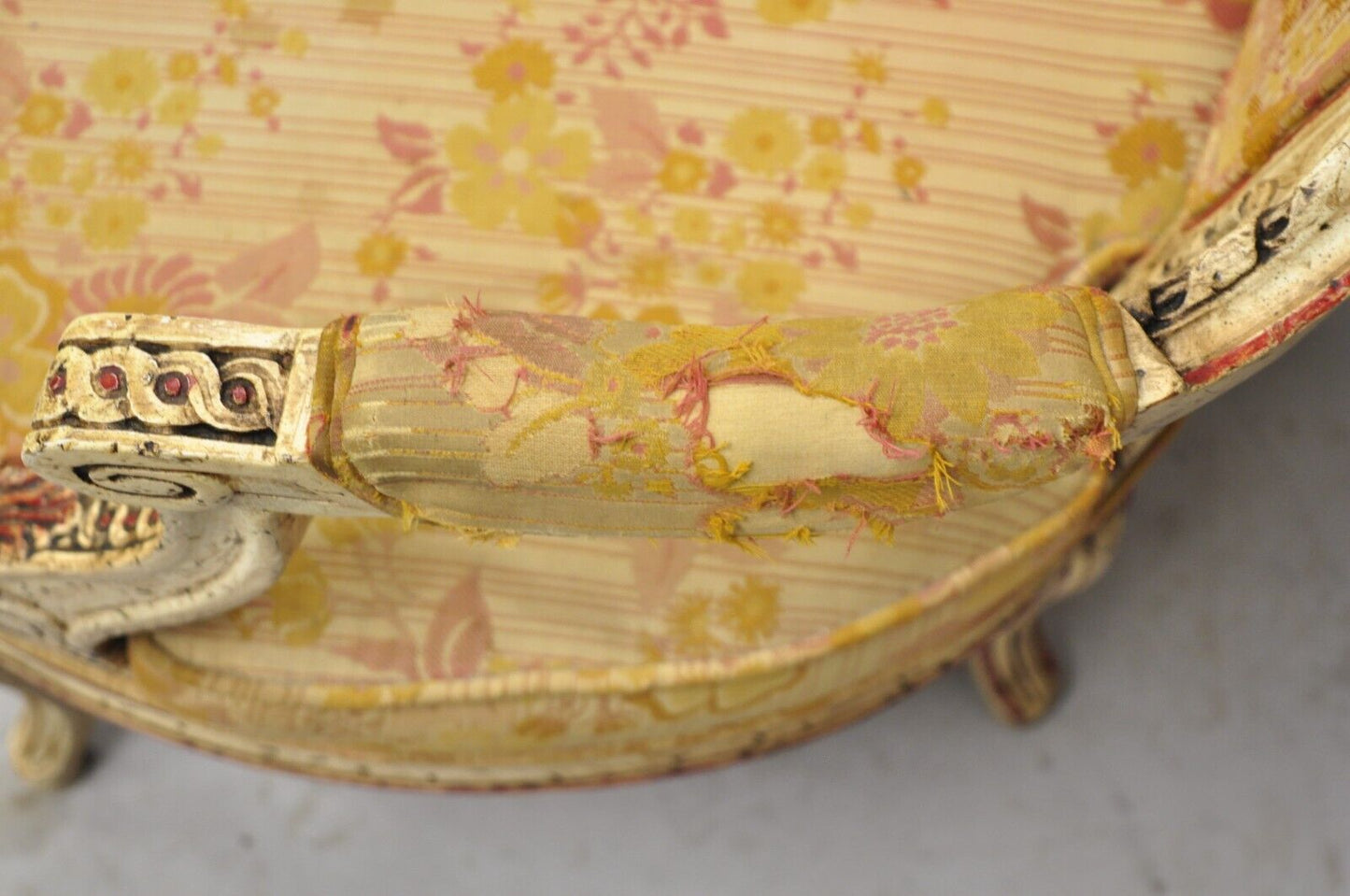 Vintage French Louis XV Style Cream and Red Painted Low Boudoir Fauteuil Chair