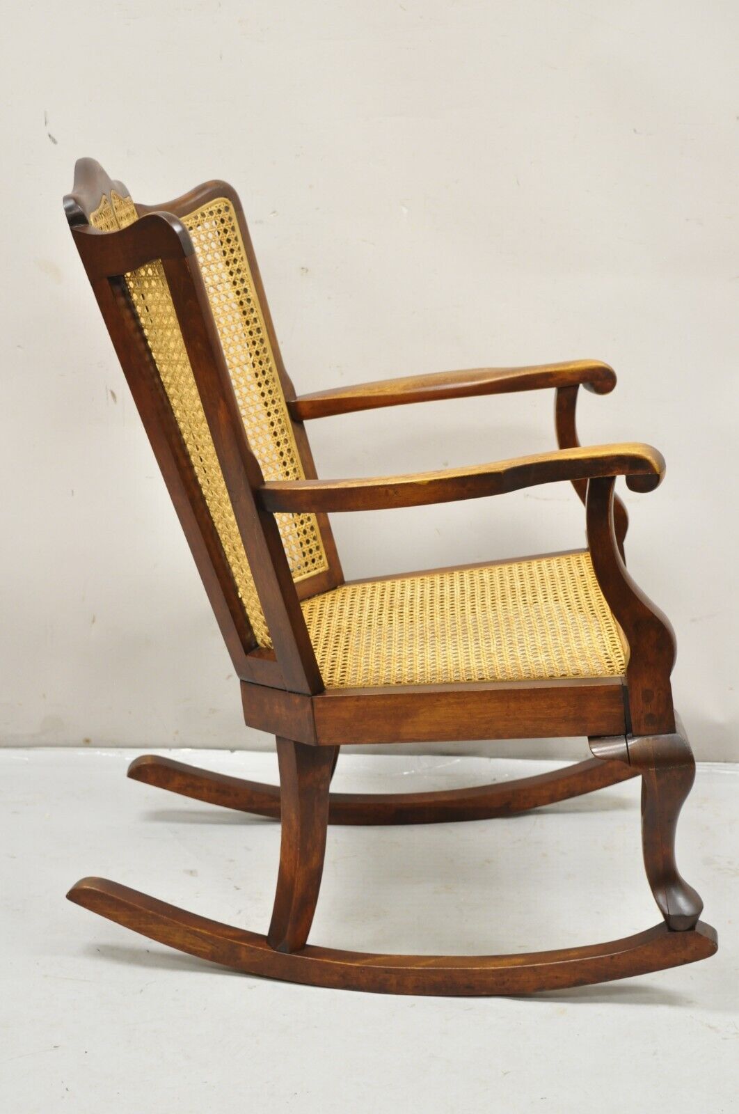 Antique Victorian Walnut and Cane Carved Rocker Rocking Chair Queen Anne Legs