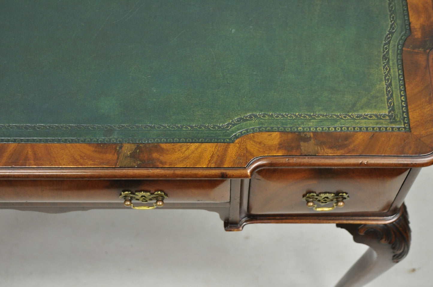 Antique English Georgian Crotch Mahogany Green Leather Top Small Writing Desk