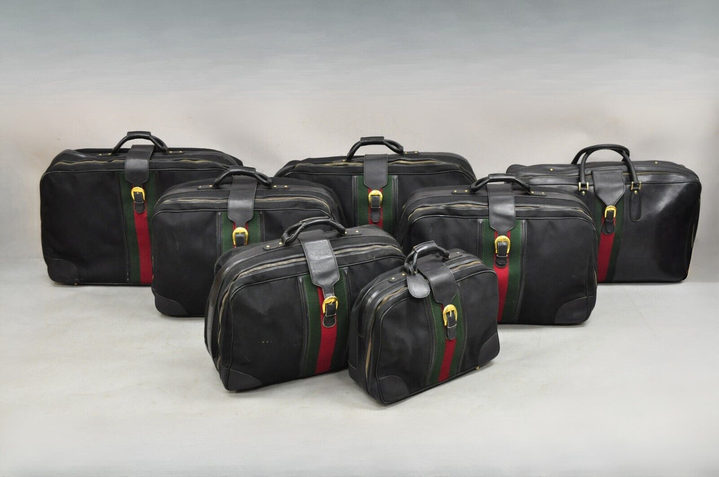 Vintage Gucci Large Black Leather Suitcase Luggage Travel Bag Green Red Webbing