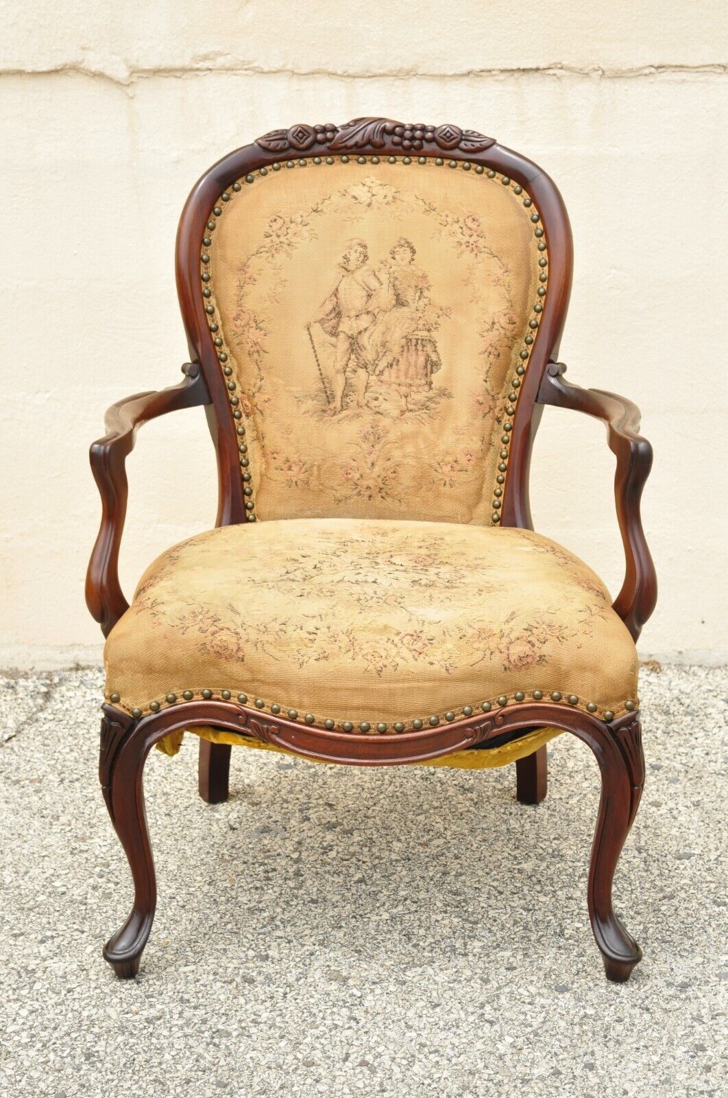 Vintage French Victorian Style Carved Mahogany Frame Lounge Arm Chair