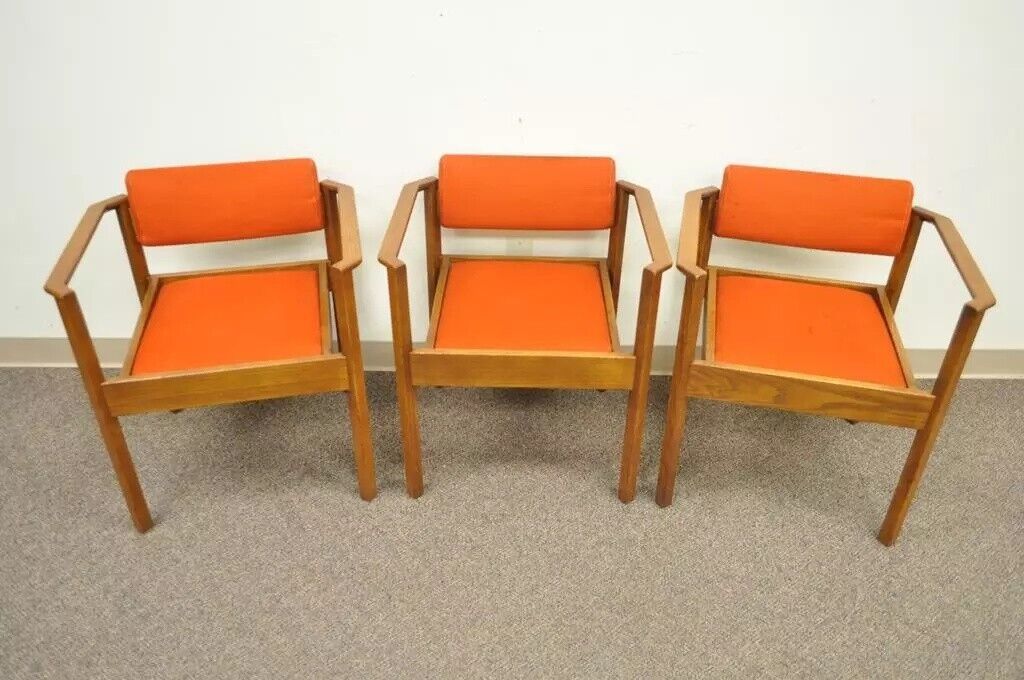 Vintage Kimball Mid Century Modern Oak Stacking Dining Arm Chairs - Set of 3