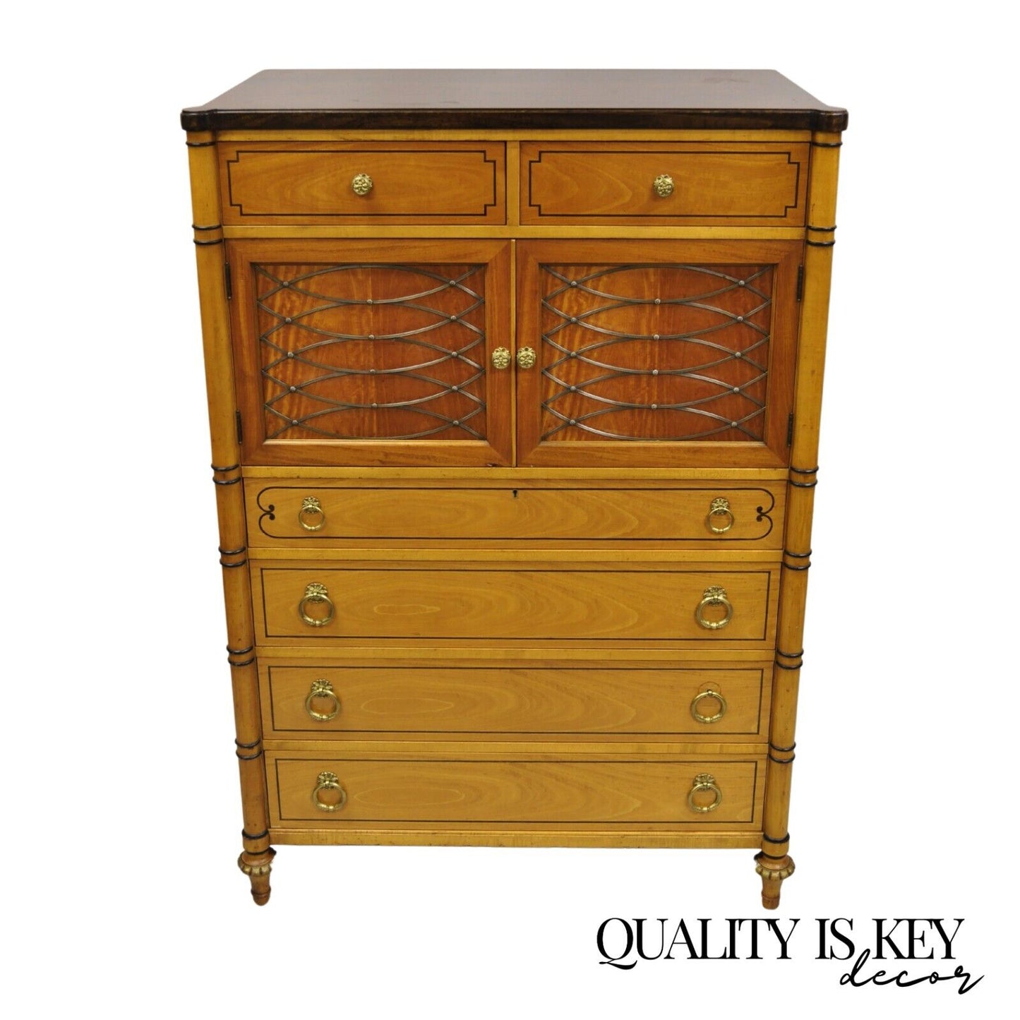 Vintage Kittenger Regency Neoclassical Satinwood & Rosewood Tall Chest Dresser
