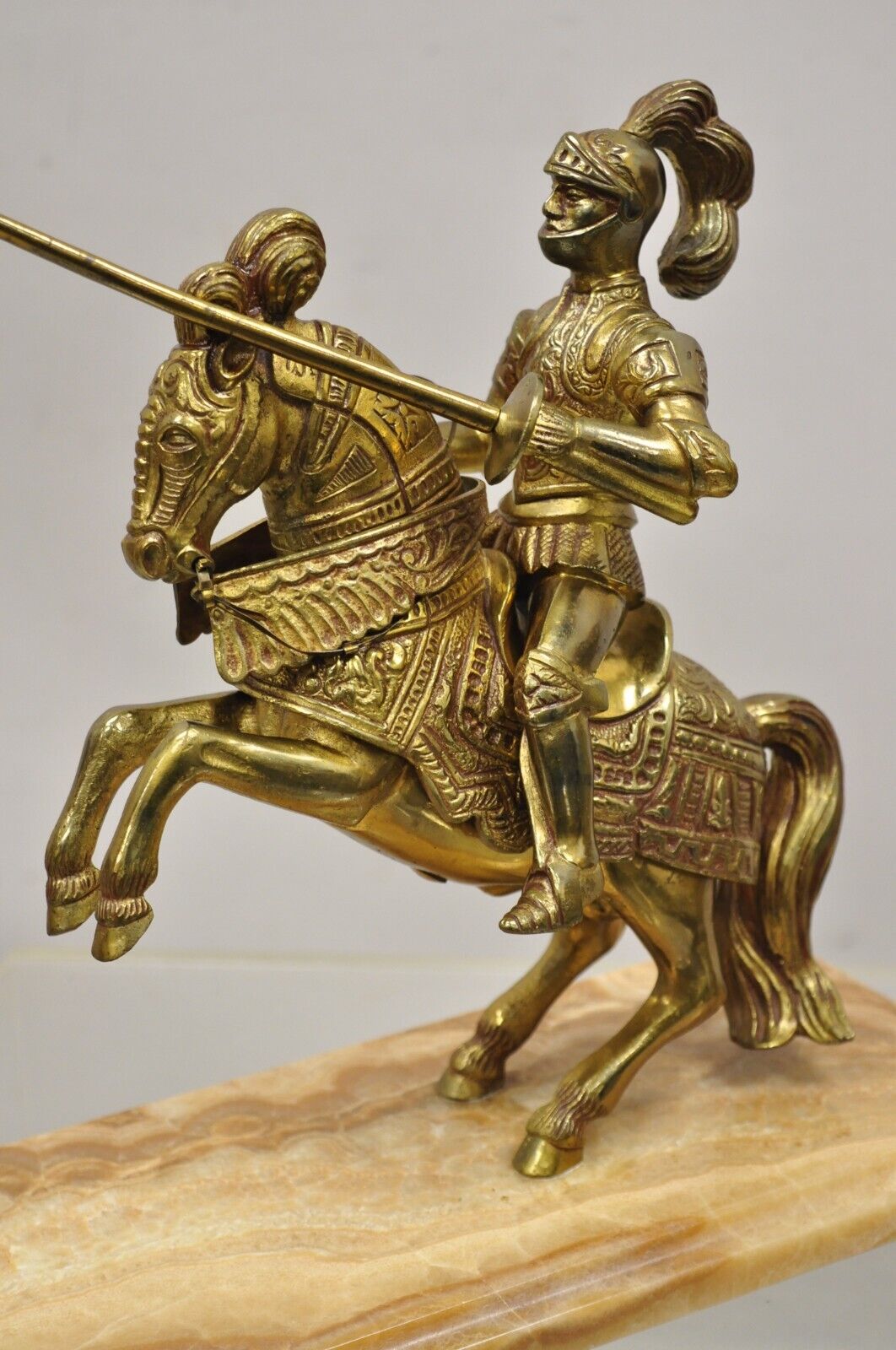 Cast Metal Marble Base Renaissance Style Gothic Soldier on Horse Statue Figure