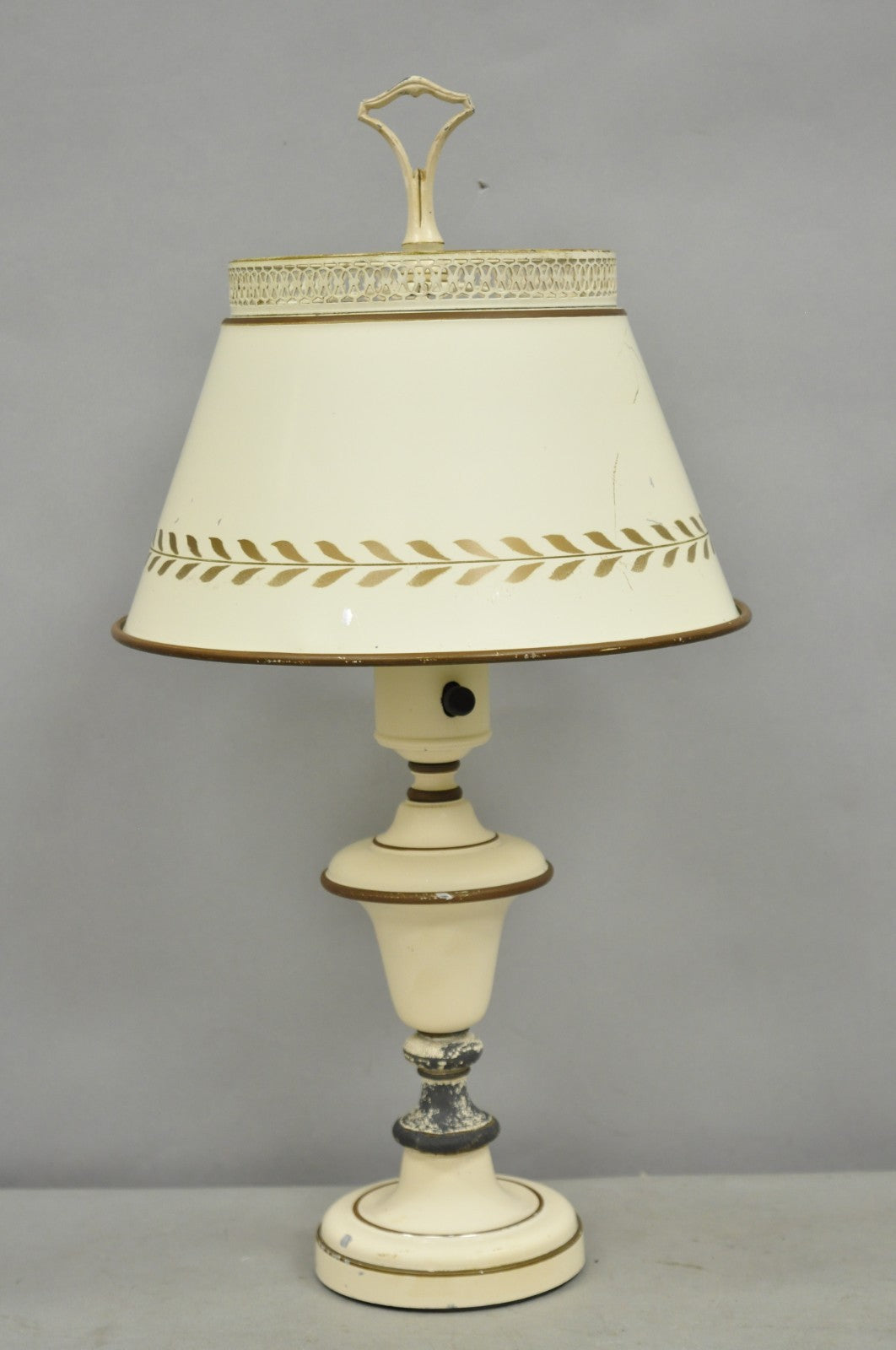 Vintage French Country Style Small White Tole Metal Boudoir Table Lamp w/ Shade