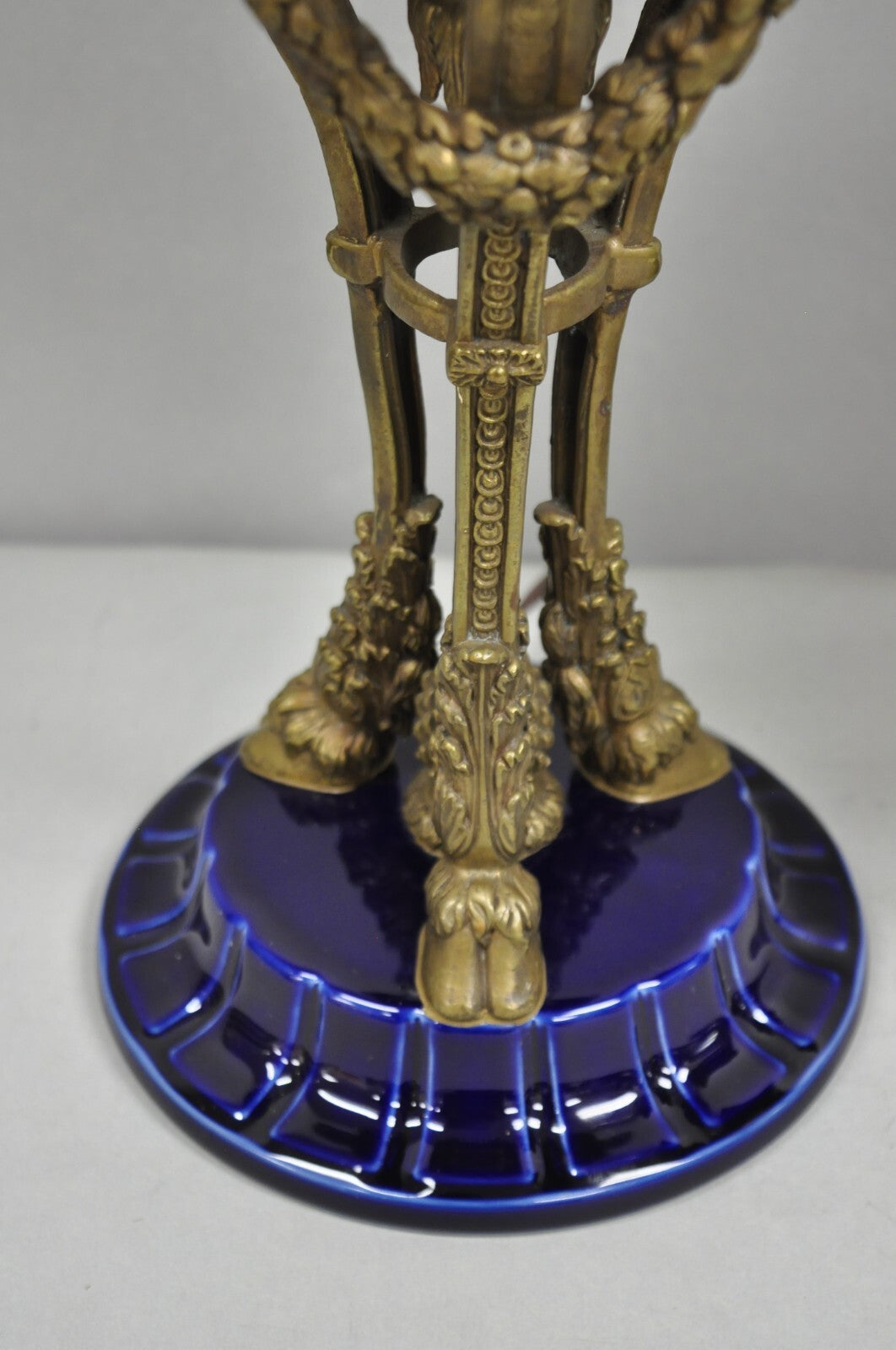 French Empire Neoclassical Bronze Ram Head Cobalt Blue Porcelain Table Lamp Pair