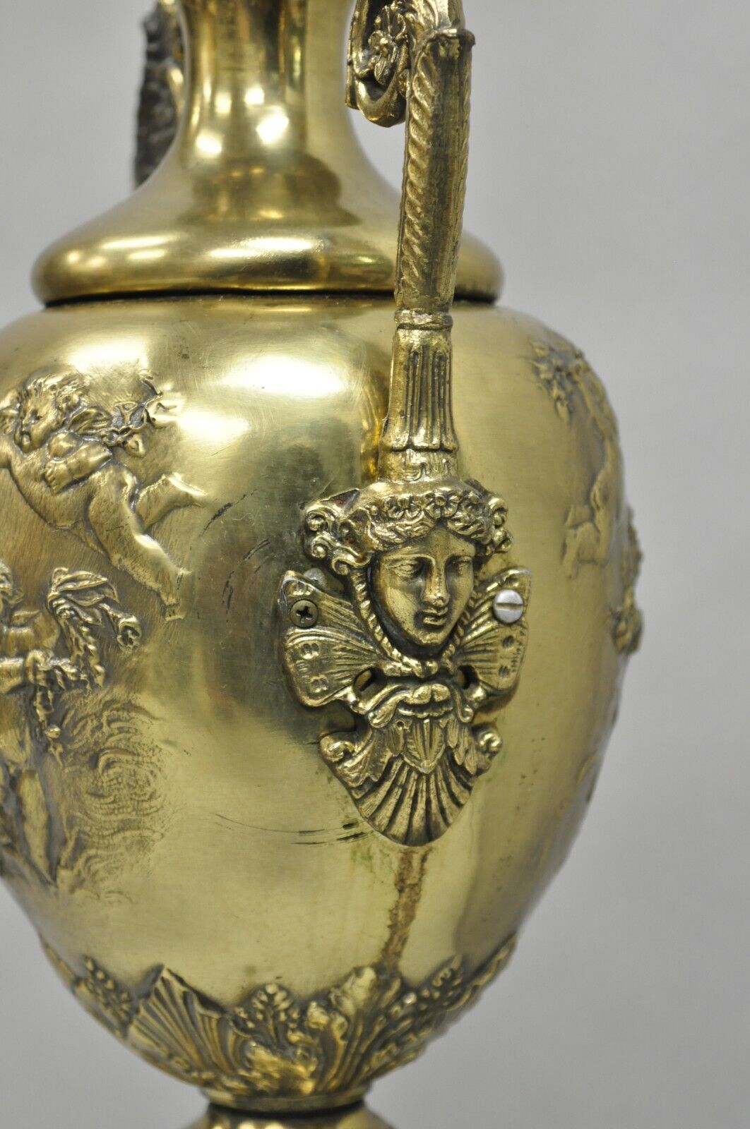 Vintage French Louis XV Renaissance Brass Figural Dancing Cherubs Urn Table Lamp