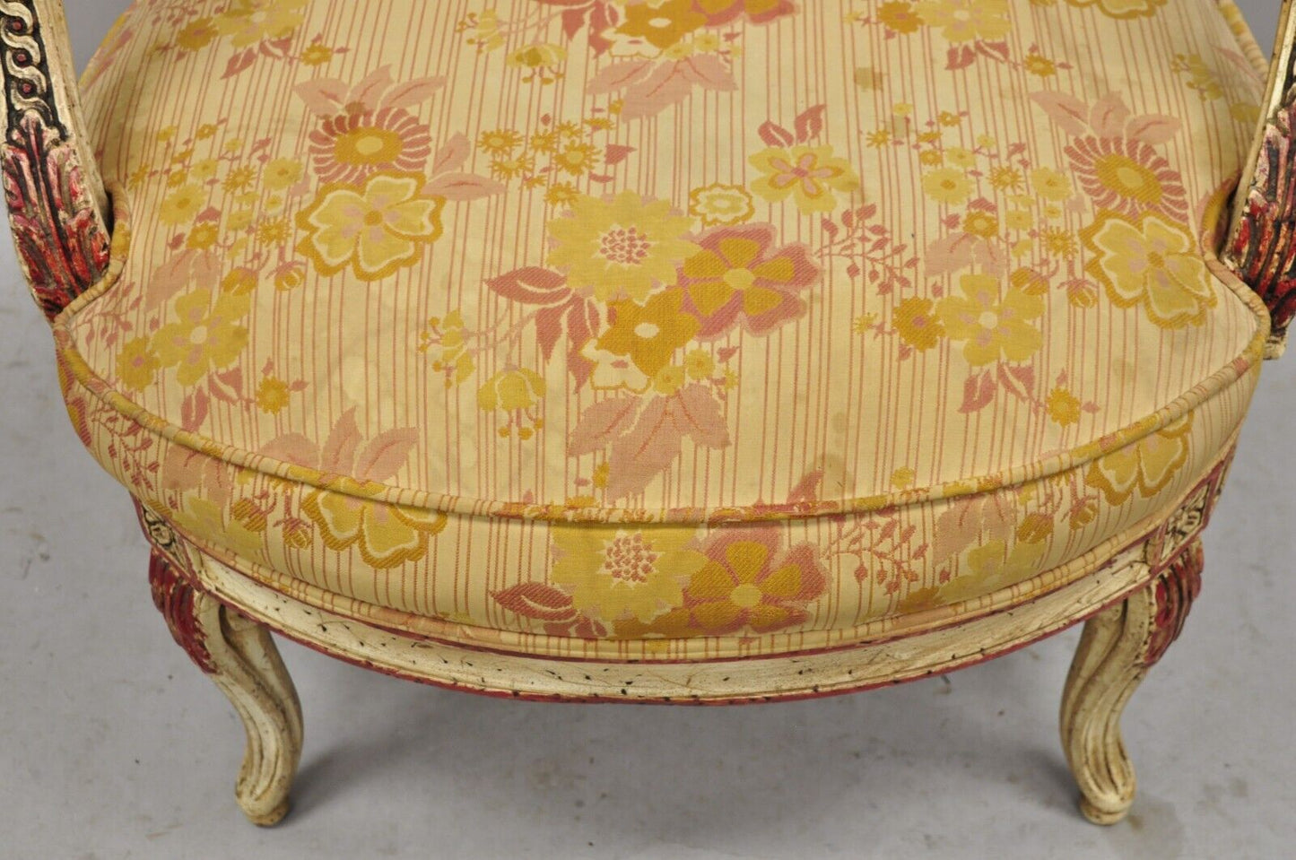 Vintage French Louis XV Style Cream and Red Painted Low Boudoir Fauteuil Chair