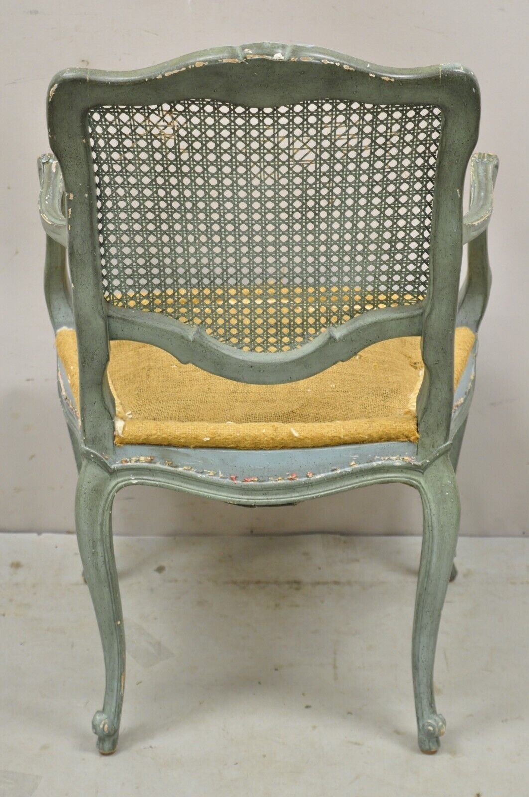 Pair Vintage French Louis XV Style Blue Painted Cane Back Fauteuil Arm Chairs