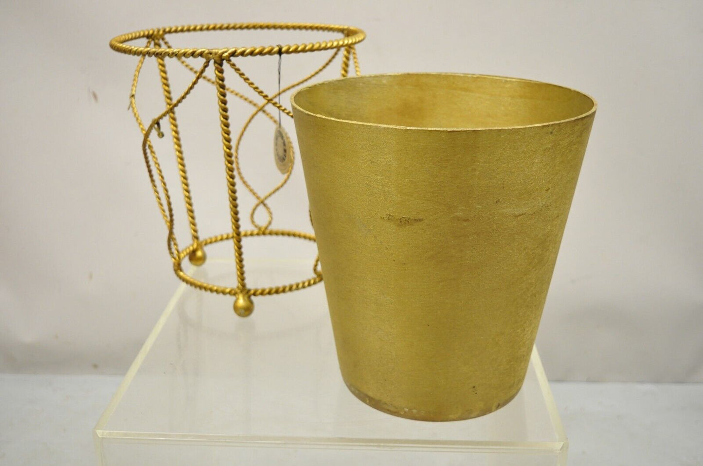 NOS Italian Gold Gilt Iron Hollywood Regency Wastebasket Trashcan with Liner