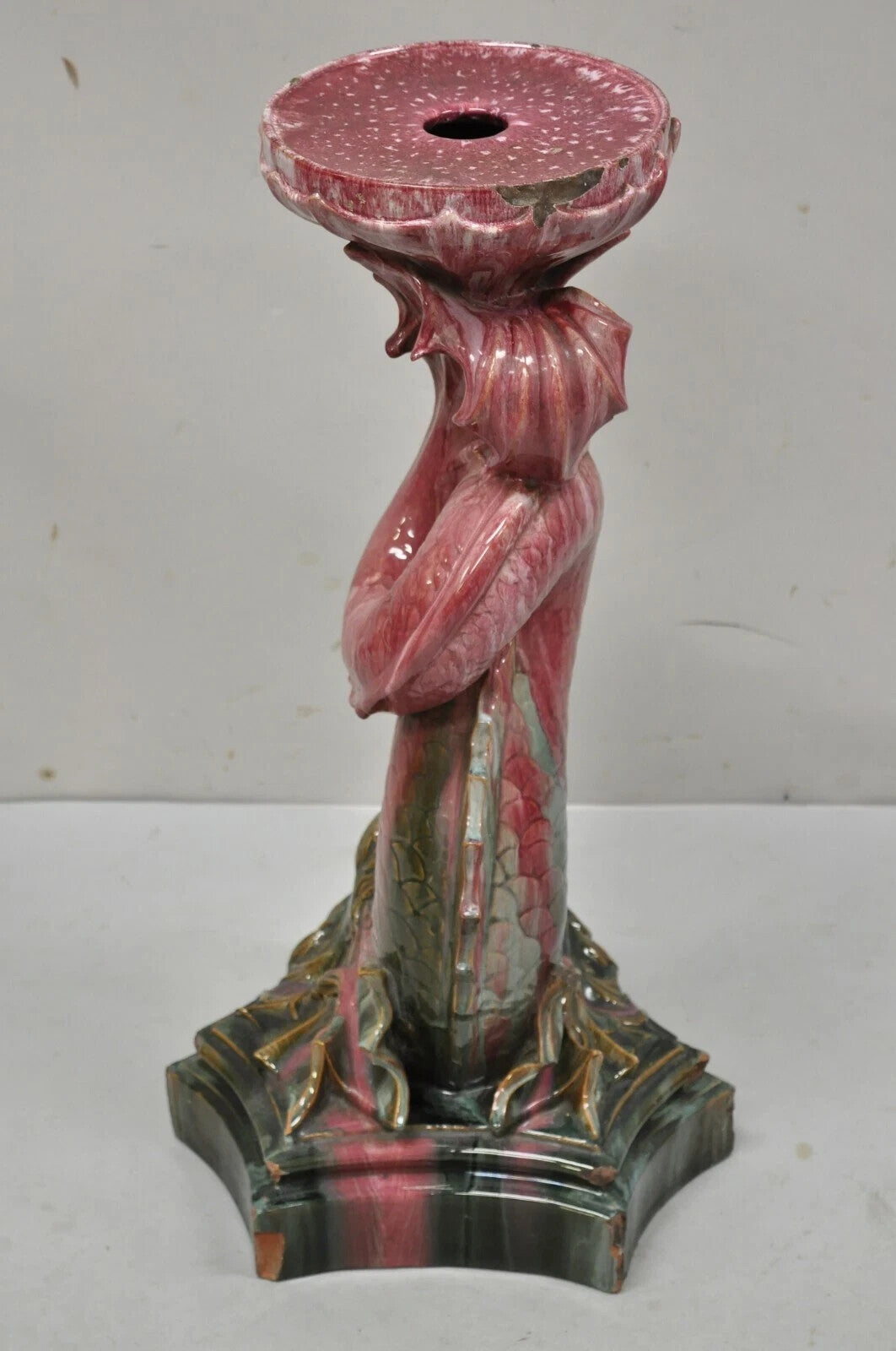 Antique Majolica Terracotta Pottery Dolphin Serpent Pink Plant Stand Pedestal