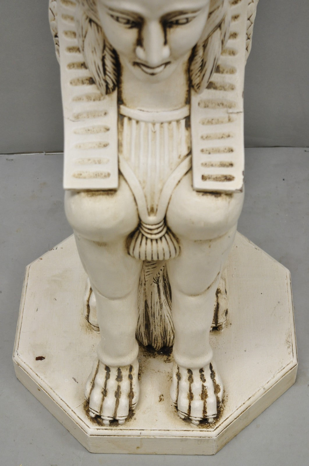 Vintage Egyptian Female Sphinx Round Marble Top Carved Wood Pedestal Plant Stand