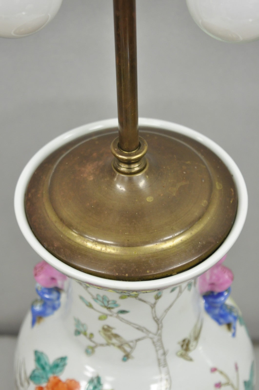 Vintage Oriental Porcelain Jardiniere Vase Bird and Flower Painted Table Lamp