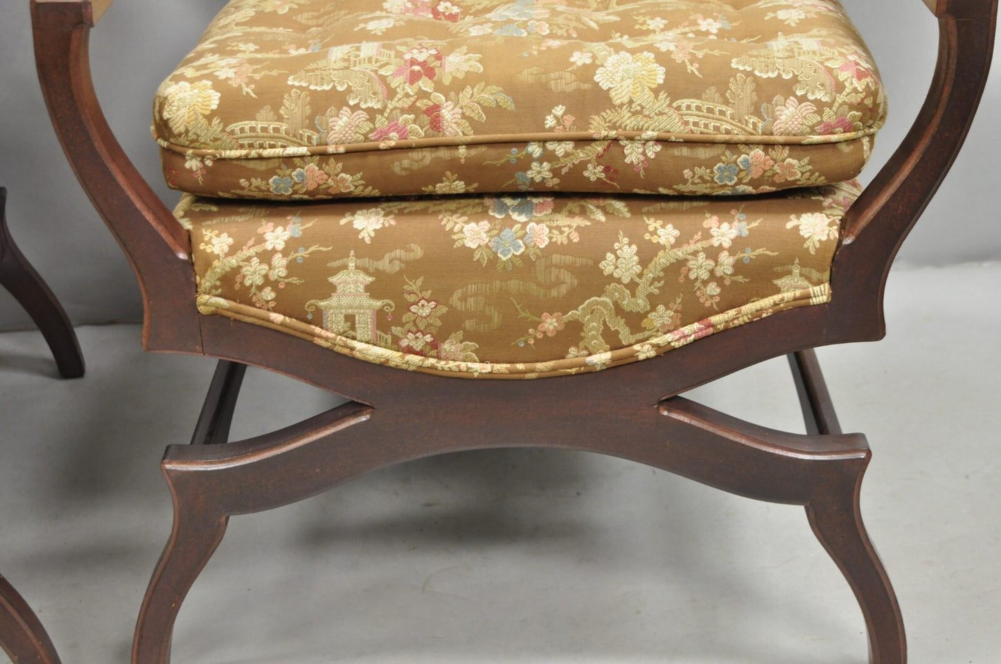Vintage Hollywood Regency Curule Wooden X-Frame Lounge Arm Chairs - a Pair