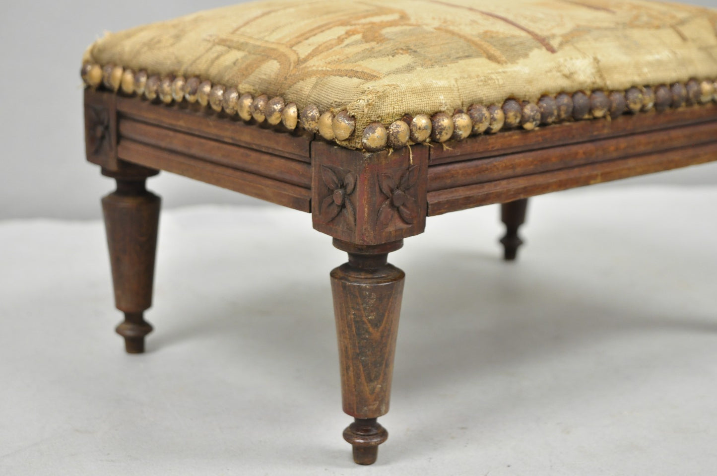 Antique French Country Louis XVI Carved Walnut Small Petite Footstool Ottoman