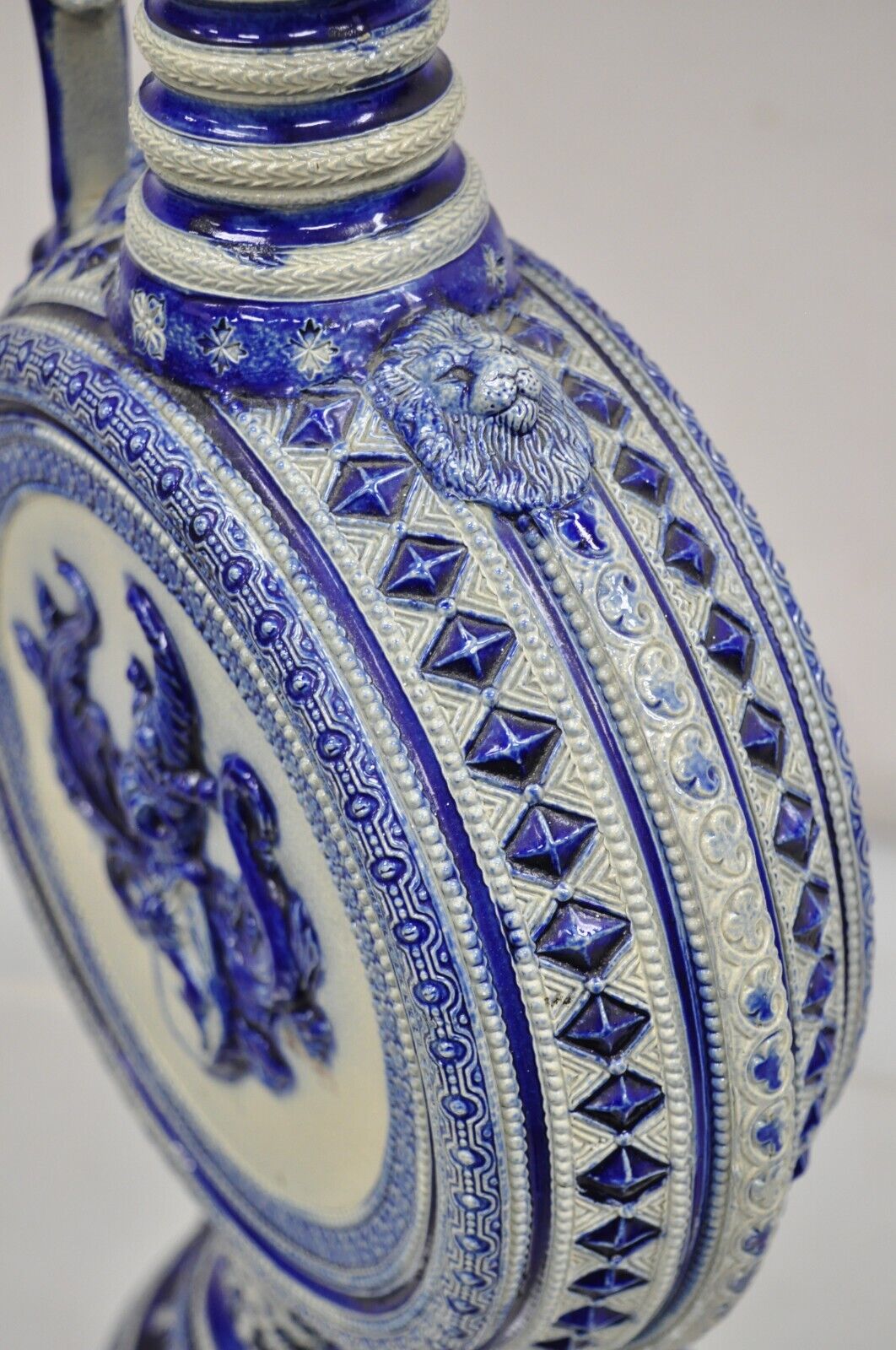 Antique Westerwald German Cobalt Blue Figural Stoneware Pottery Jug Pitcher