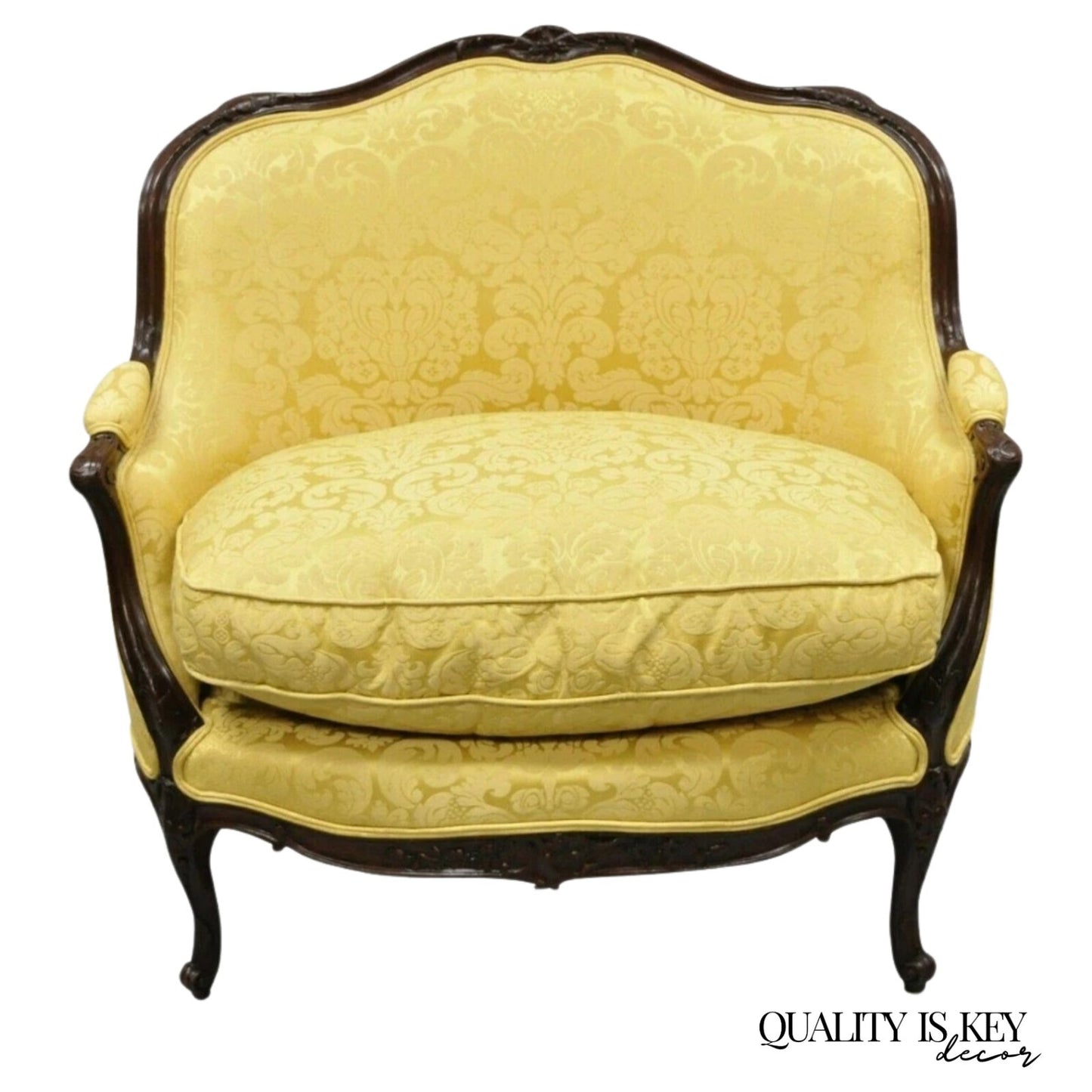 French Louis XV Style Gold Upholstered Wide Seat Lounge Chair Settee Bergere