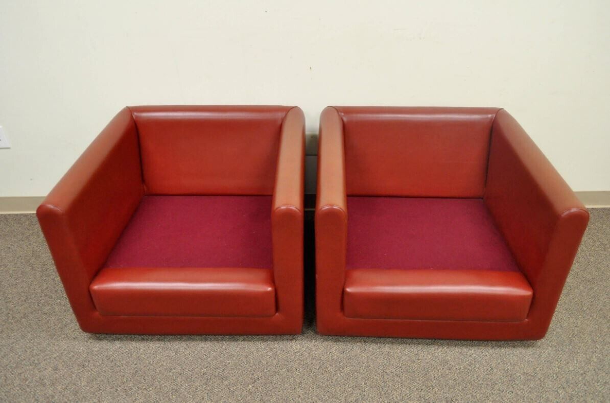 Mid Century Modern Red Leather Cube Club Lounge Chairs on Casters - a Pair