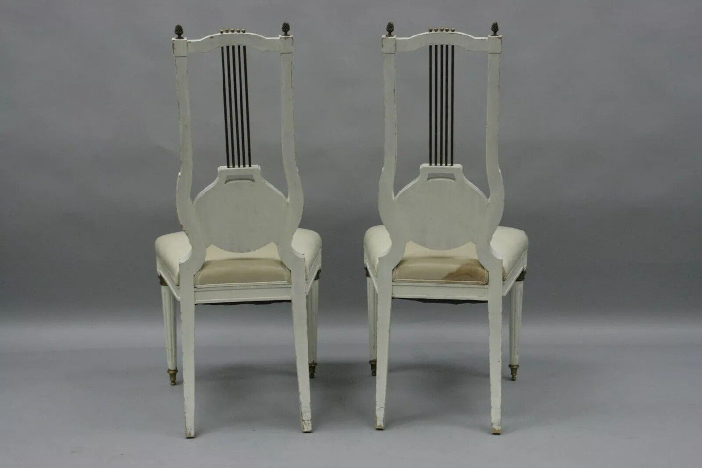 Antique French Empire Neoclassical Style Brass Harp Lyre Side Chairs - a Pair