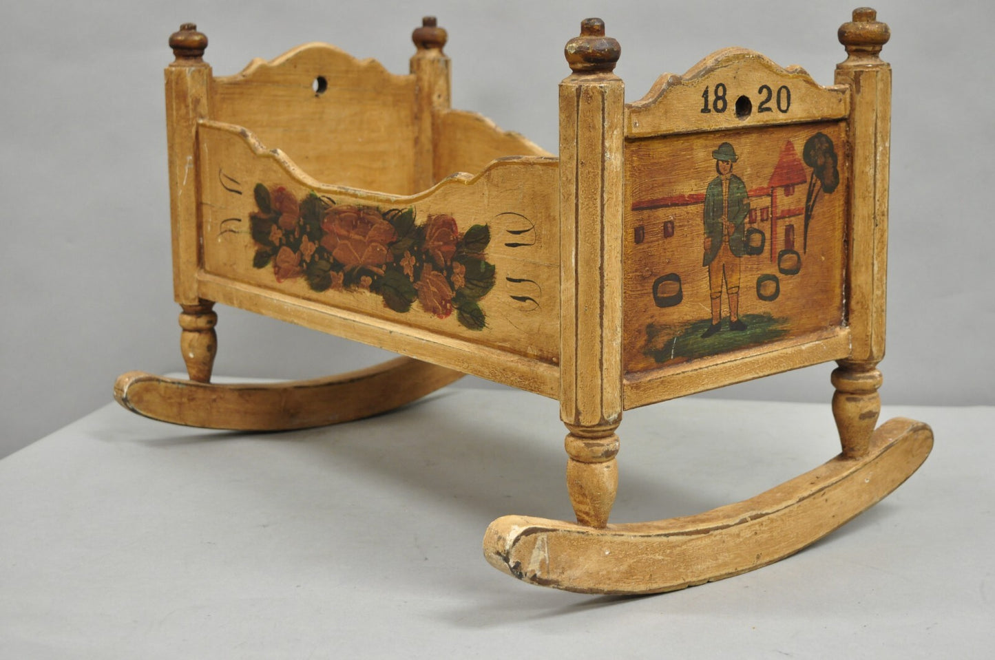 Antique Colonial Figural Painted "1820" Wooden Baby Doll Cradle