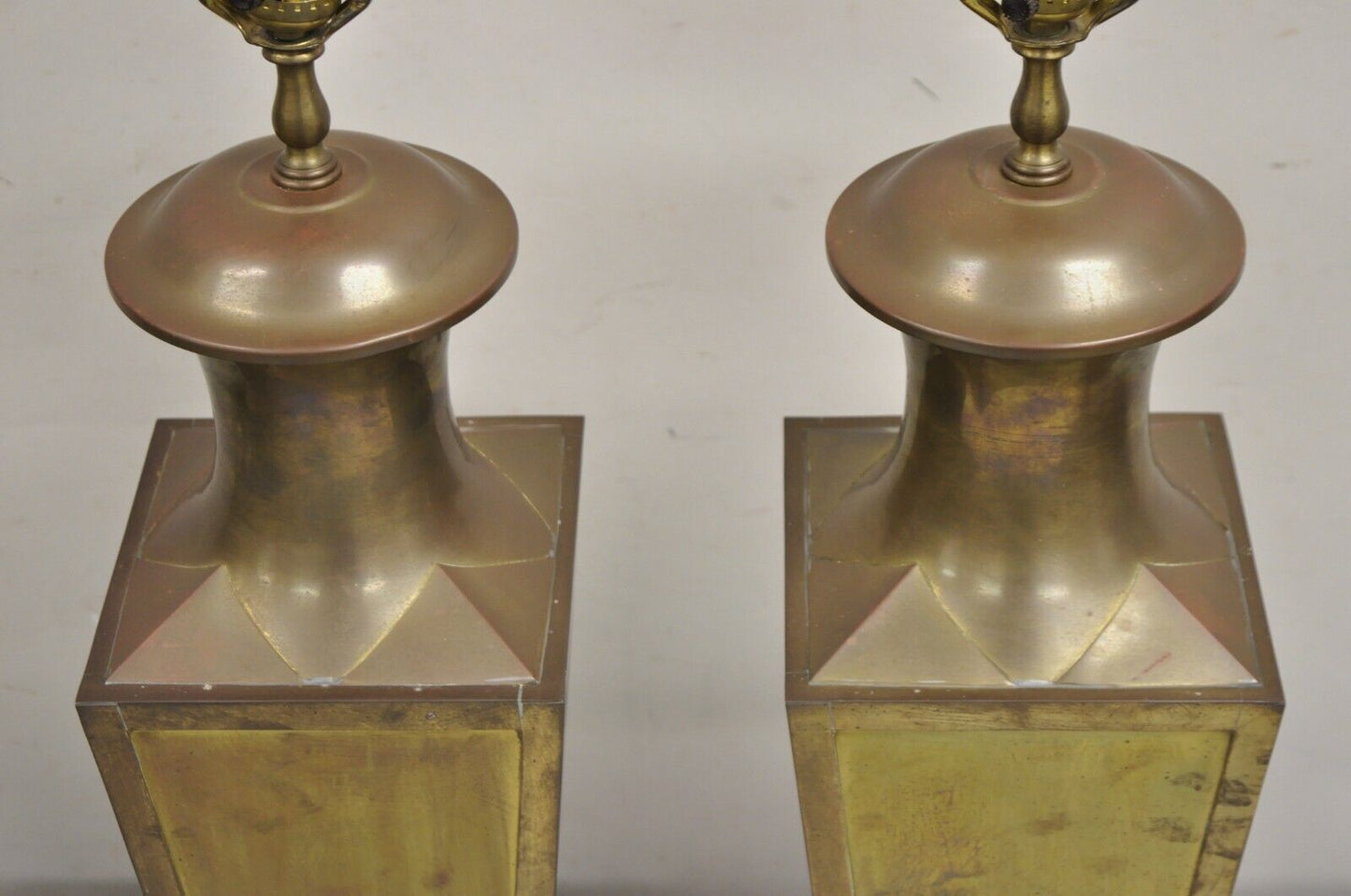 Chinoiserie Patinated Brass Square Jardiniere Table Lamp by Wildwood - a Pair