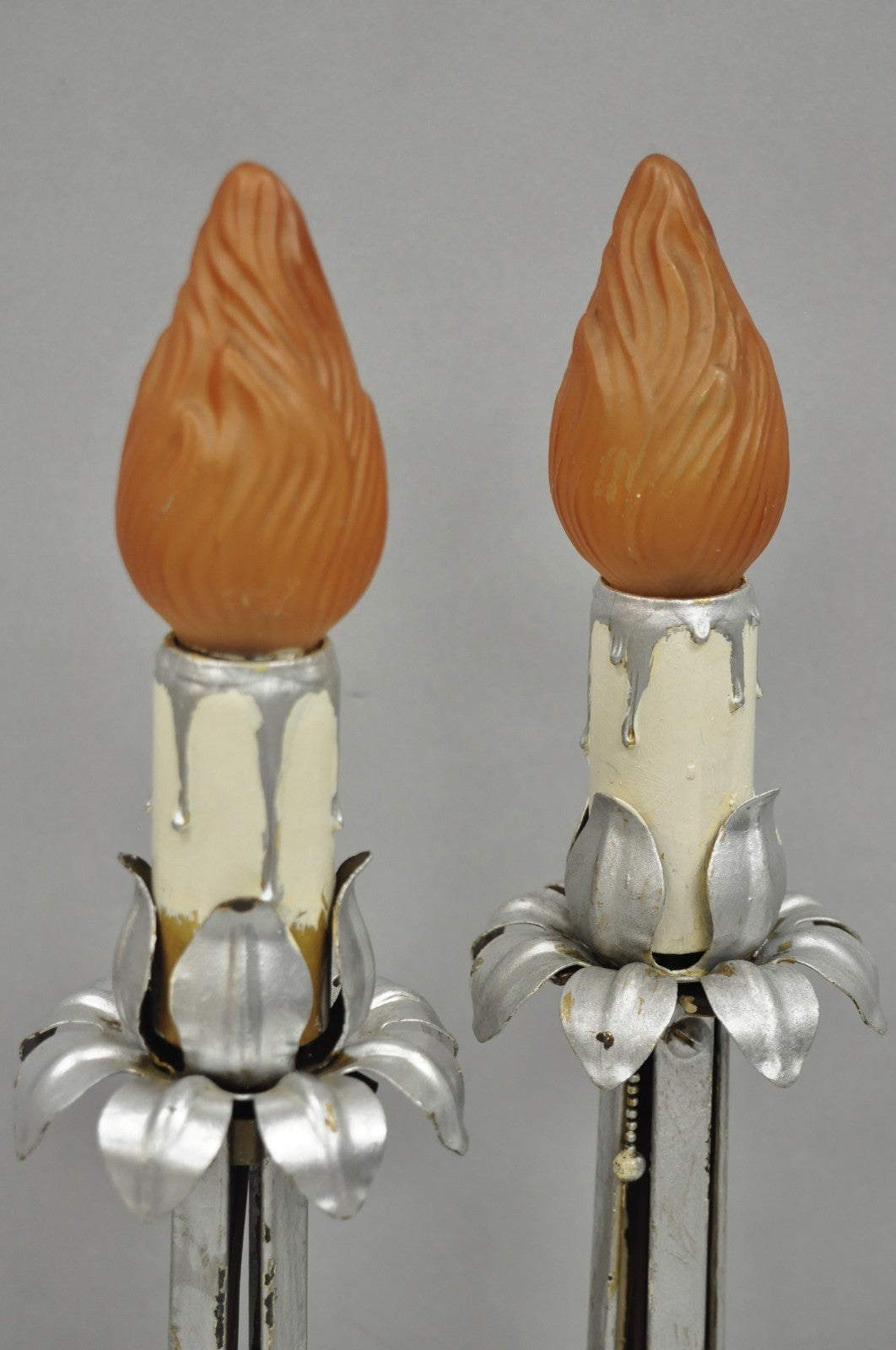 Antique Art Nouveau Wrought Iron Silver Painted Petite Boudoir Table Lamps, Pair