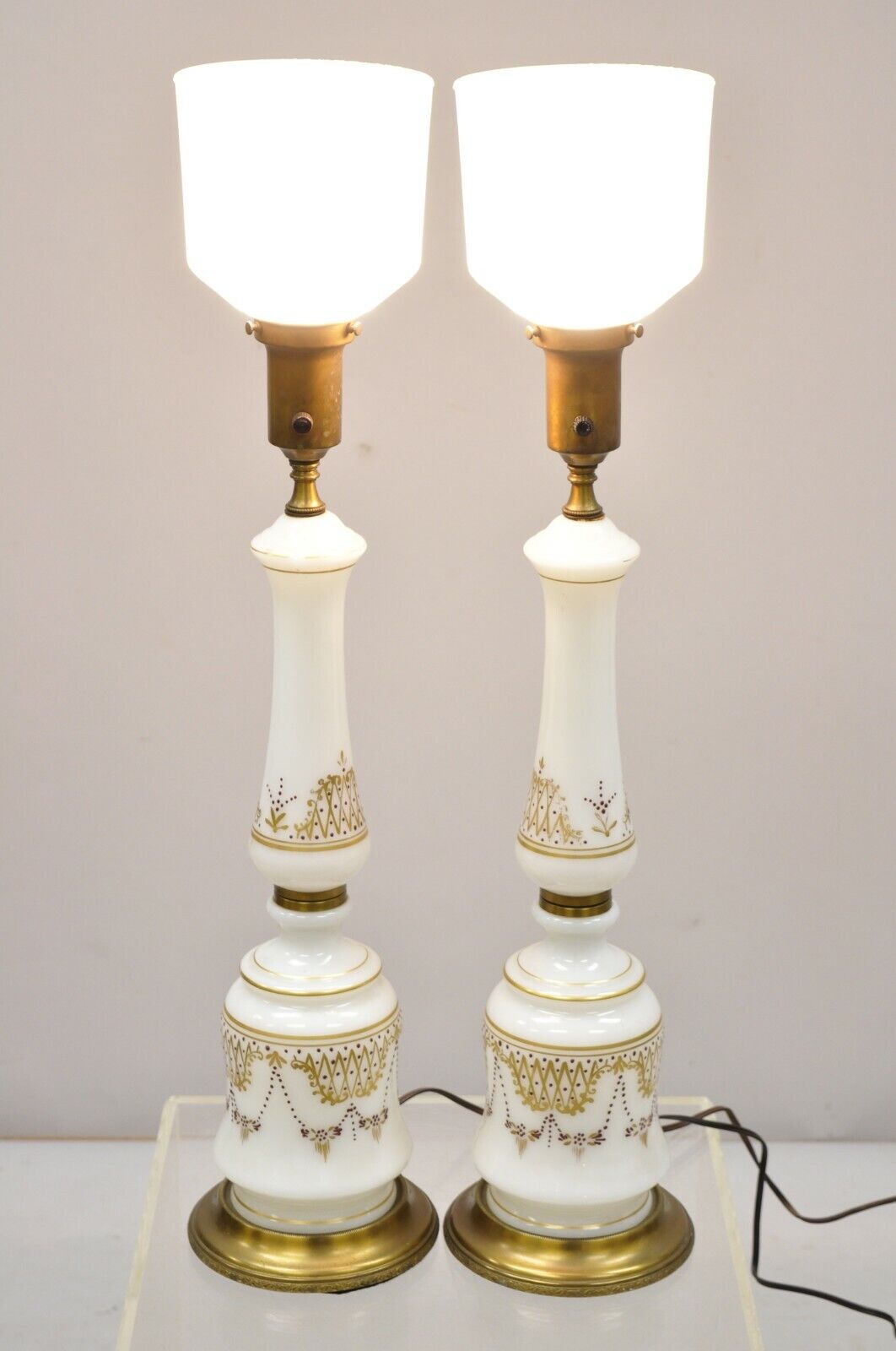 Vintage French Neoclassical Gold Gilt White Porcelain Column Table Lamps - Pair