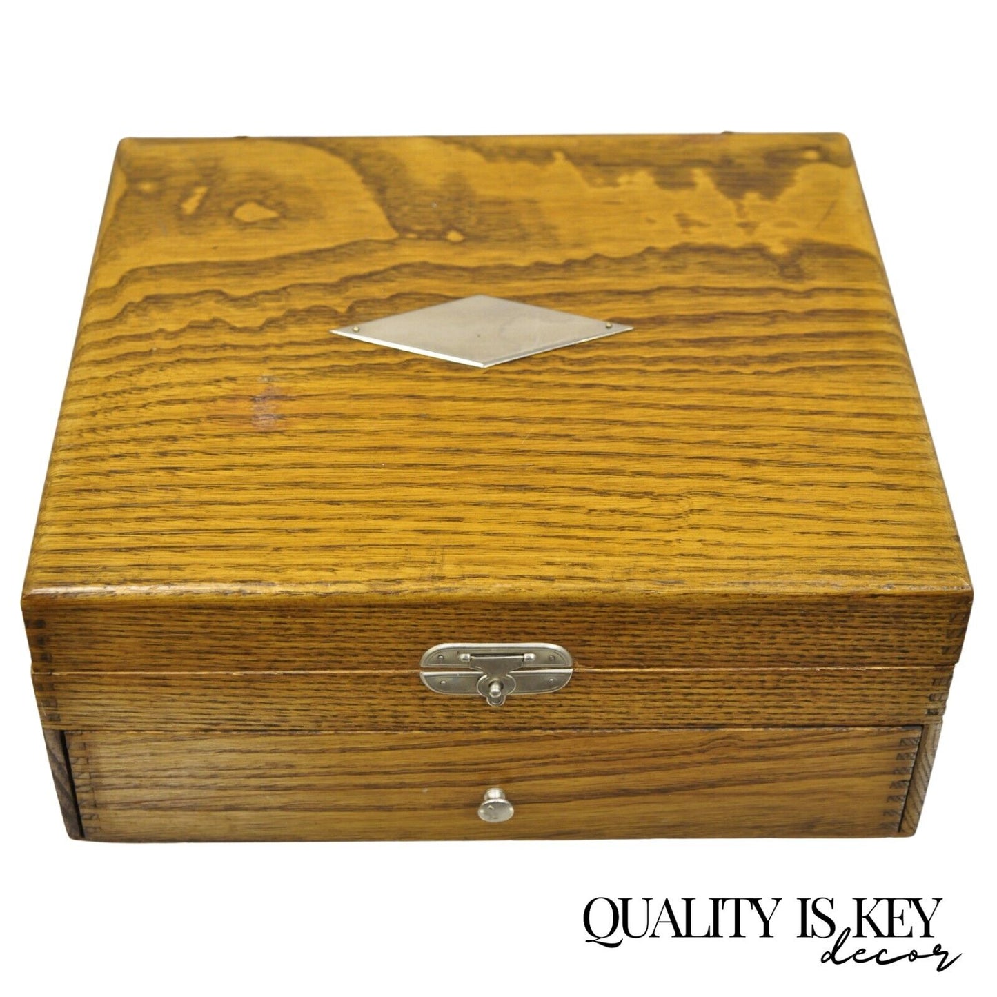 Antique WM Rogers Oak Small Flatware Silverware Storage Box with Drawer