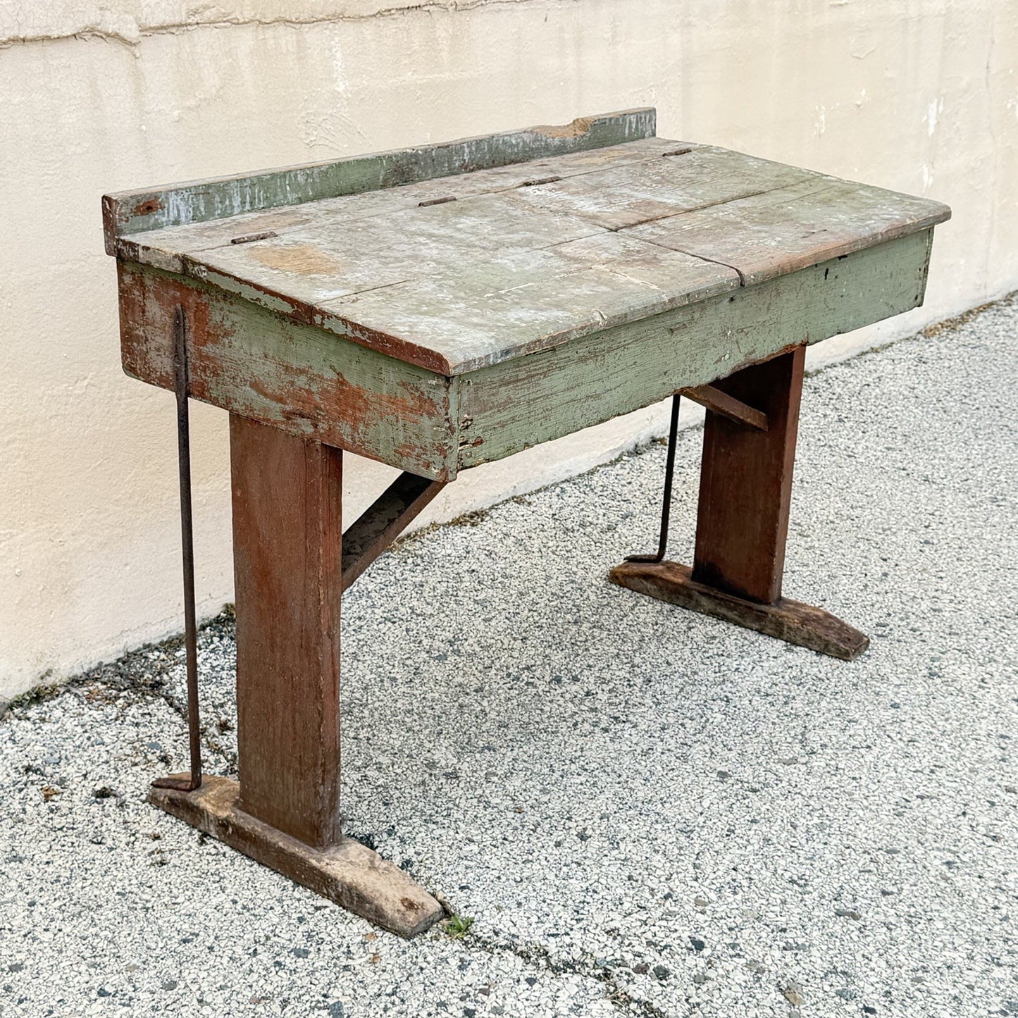 Antique French Primitive Rustic Green Distress Painted Flip Top Wood School Desk