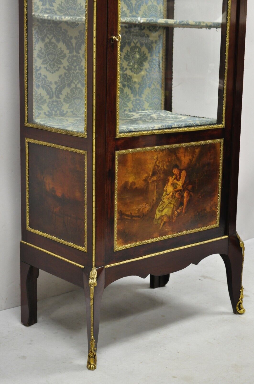 Antique French Louis XV Style Bronze Mount Hand Painted Curio Display Cabinet
