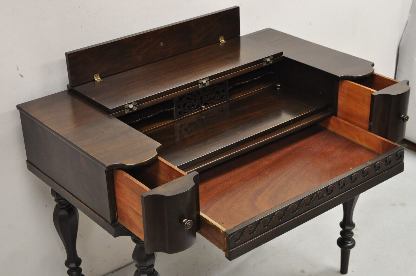 Antique Victorian Mahogany Spinet Piano Style Flip Top Secretary Writing Desk