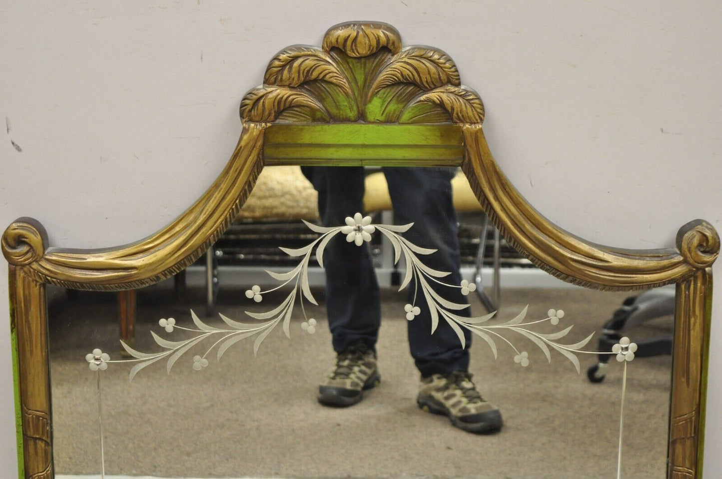 French Louis XVI Style Plume Swan Carved Green Painted Leafy Etched Wall Mirror