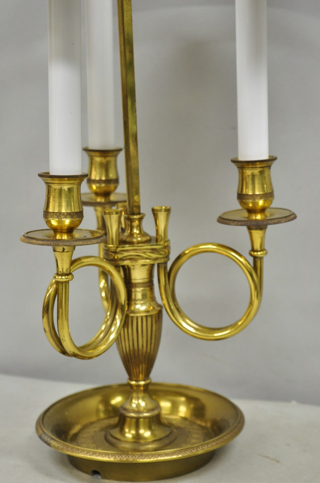 French Country Empire Brass Trumpet Arm Red Tole Shade Bouillotte Desk Lamp