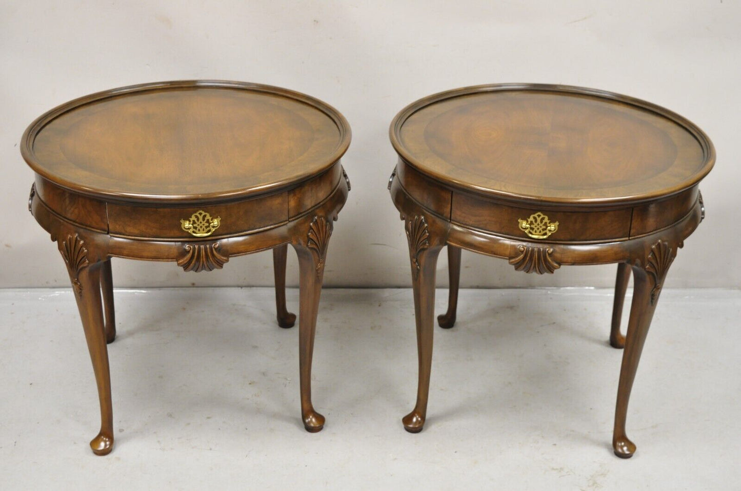 Pair Baker Furniture English Queen Anne Style Burl Walnut Round Side End Tables