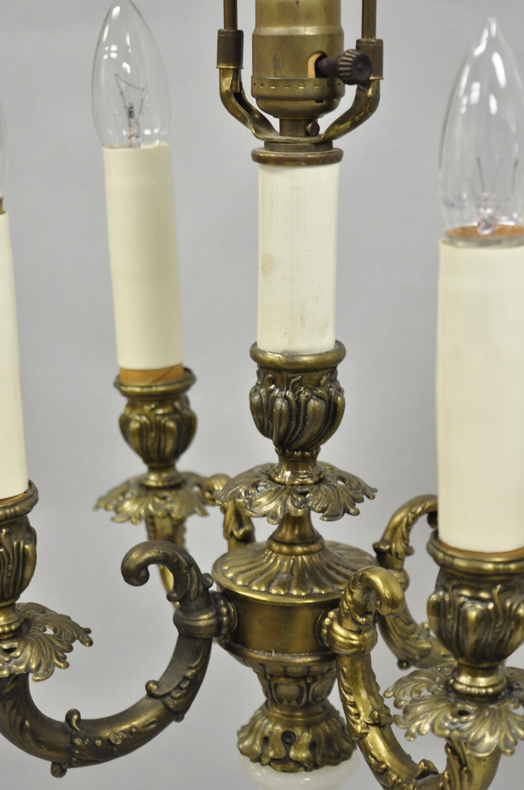 Vintage French Empire Alabaster Column Brass Metal Candelabra Table Lamps - Pair
