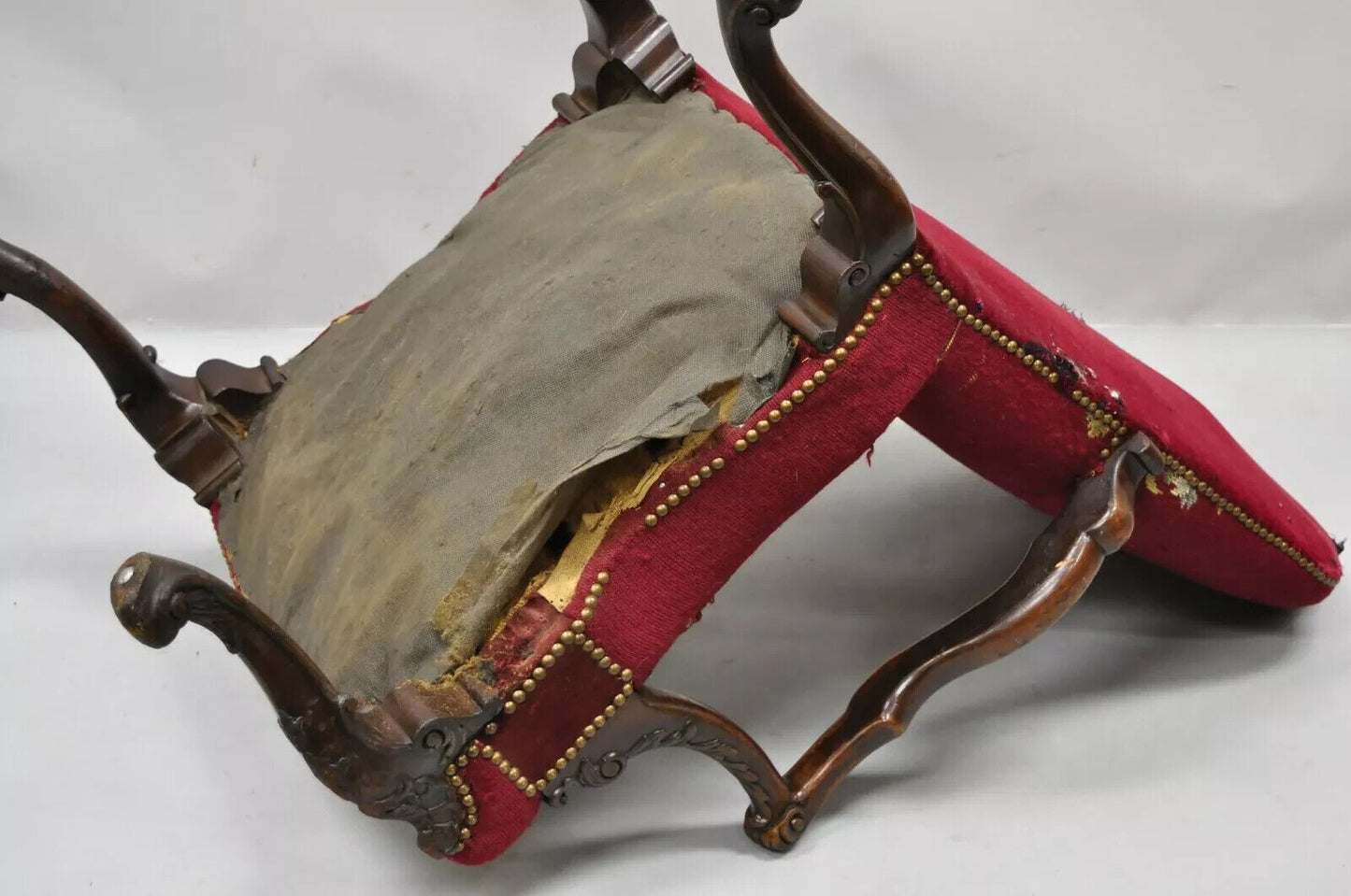 Antique Georgian Floral Needlepoint Carved Mahogany Fireside Lounge Arm Chair